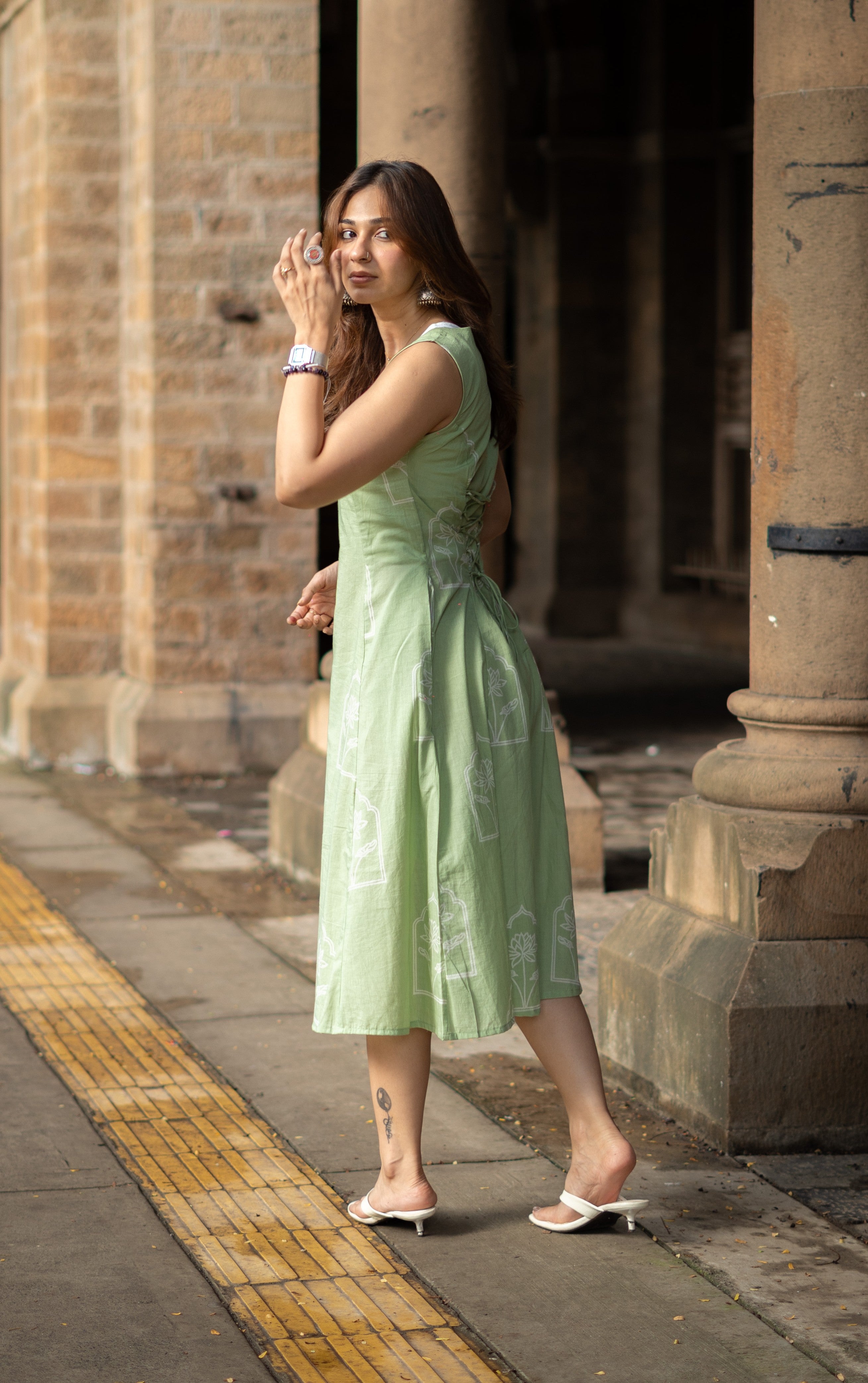 Pista Green Flower Handblock Cotton Corset Dress