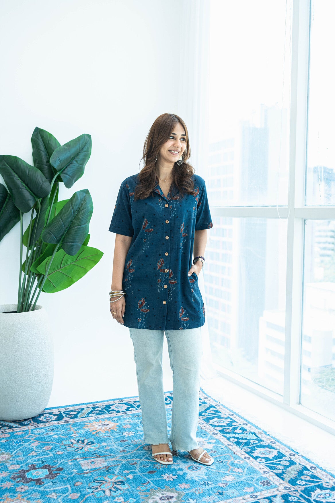 Ajrakh Indigo Butterfly Handblock Cotton Shirt Kurti