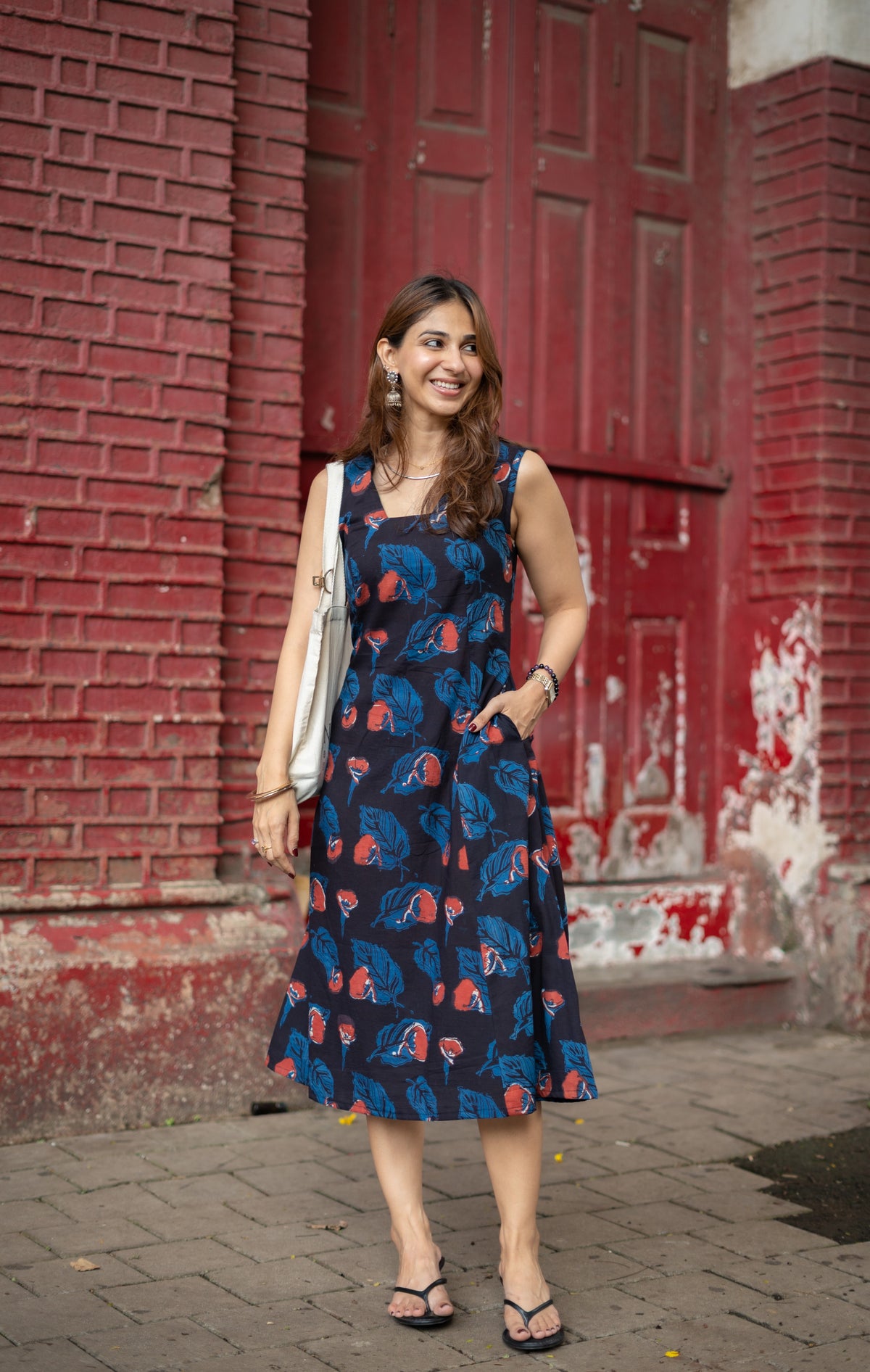 Indigo Red Leaf Handblock Cotton Corset Dress