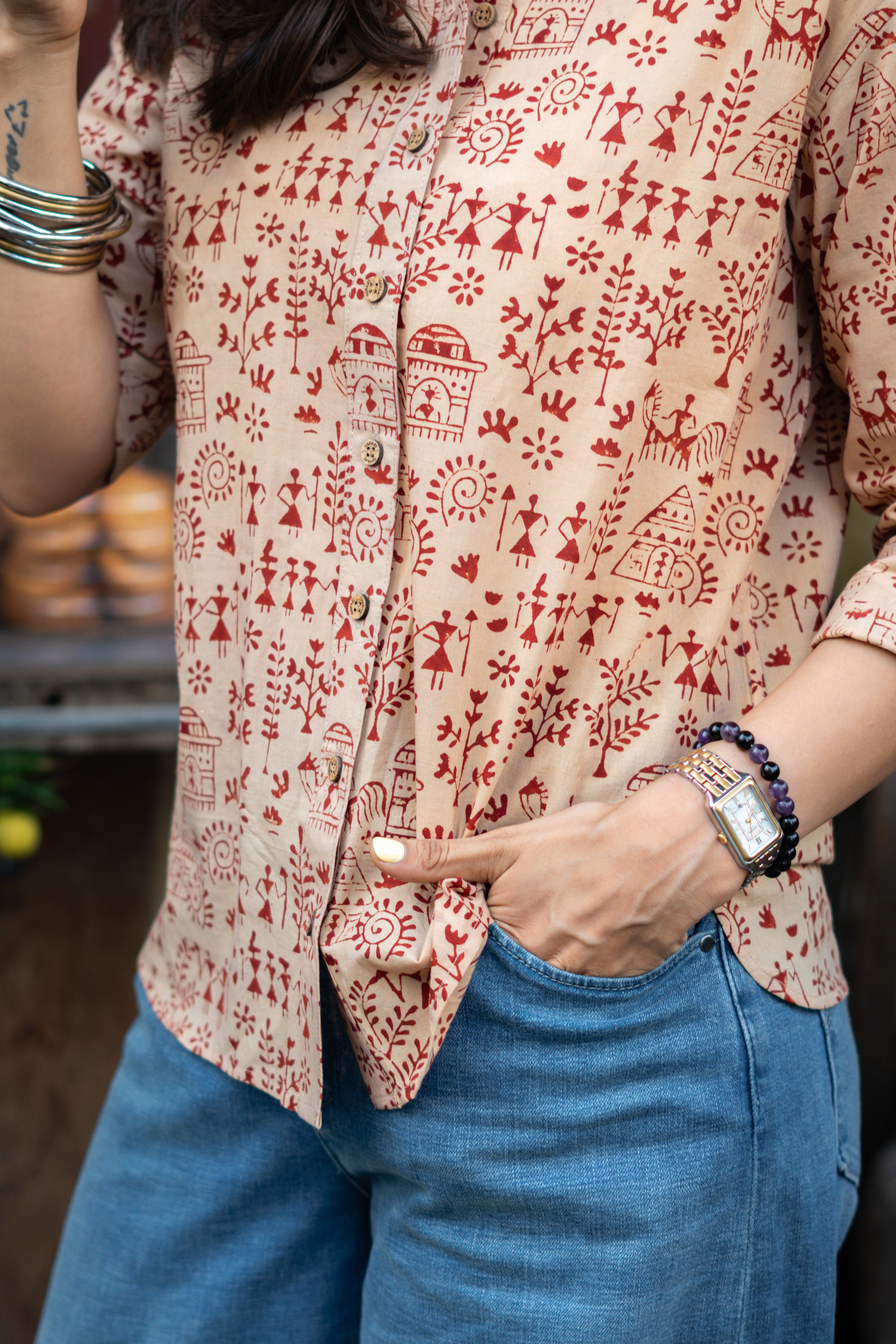 Beige Red Warli Art Handblock Cotton Shirt