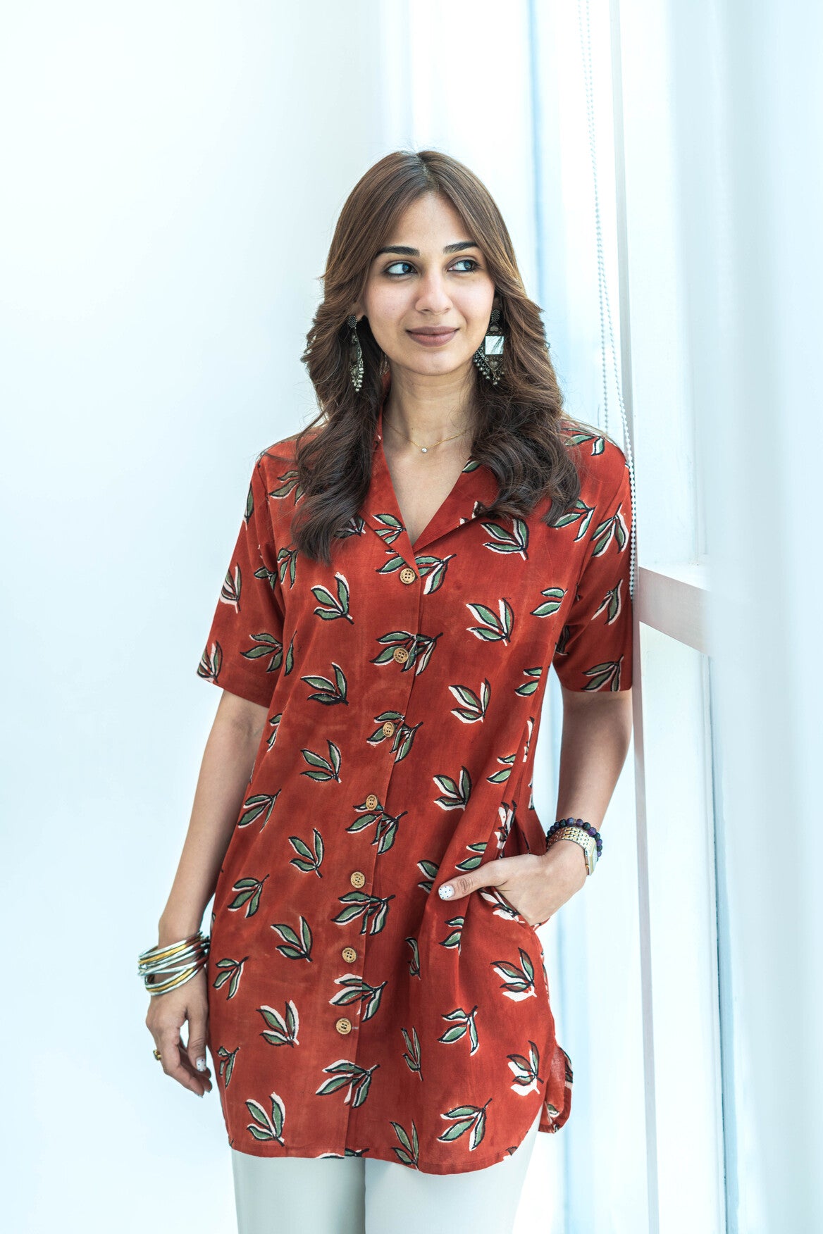 Red Leaf Hanbdlock Cotton Shirt Kurti