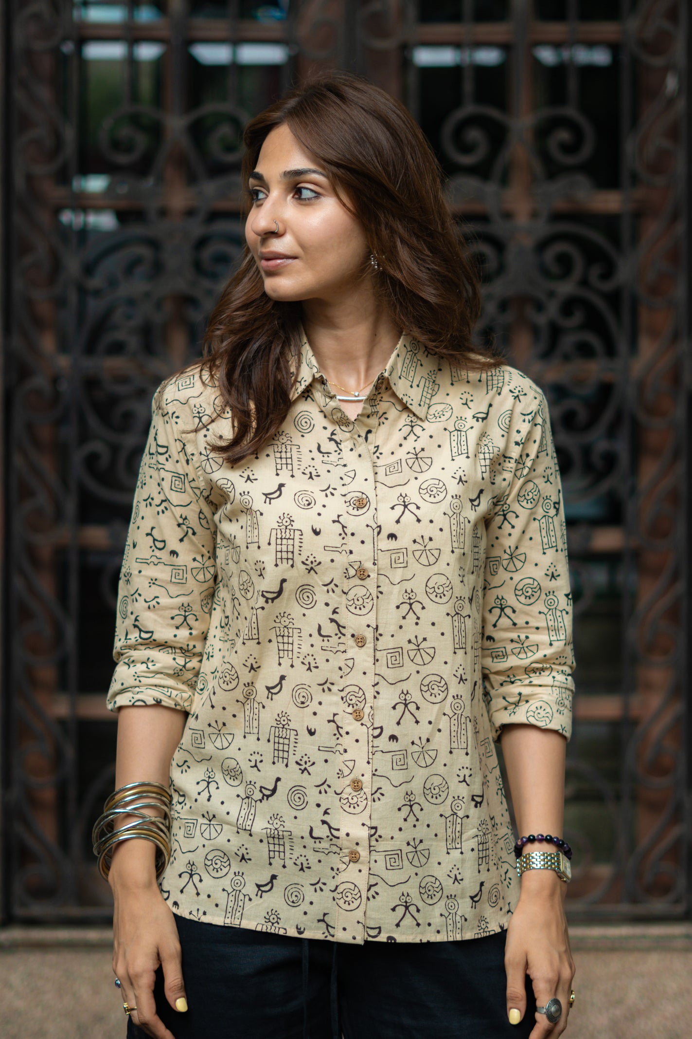 Beige Black Warli Art Handblock Cotton Shirt