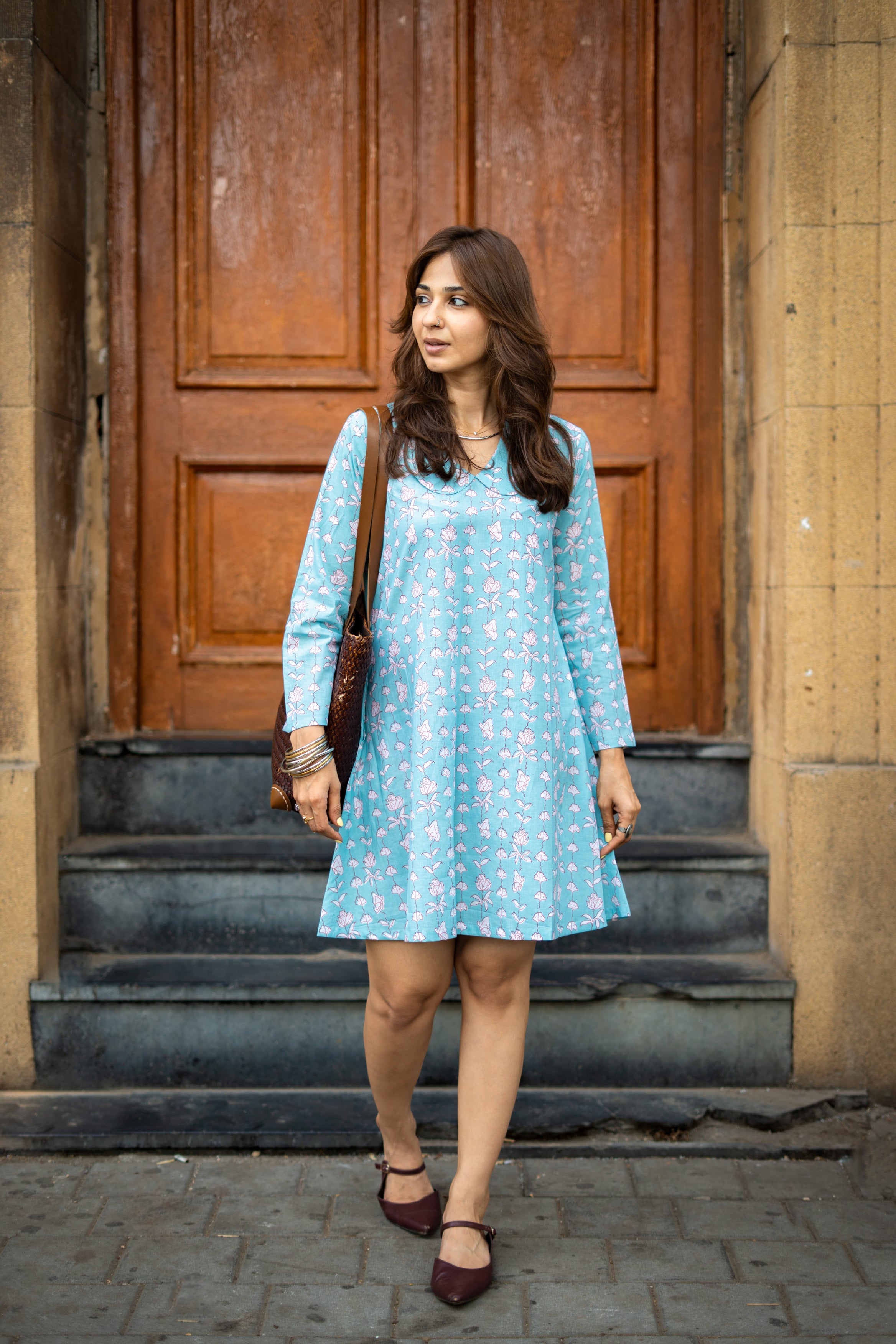 Sky Blue Floral Handblock Cotton A Line Dress