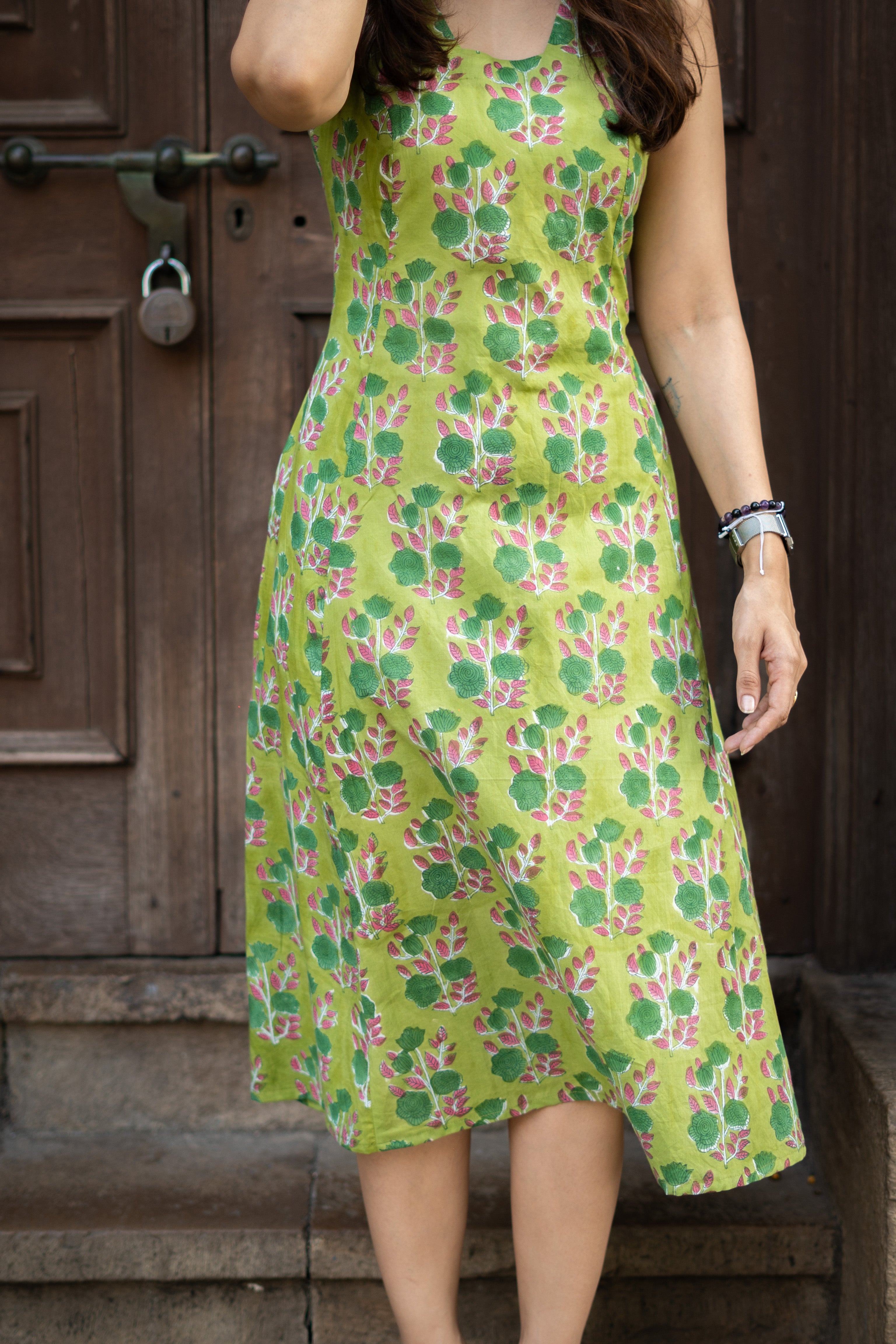 Bagru Greens Handblock Cotton Corset Dress