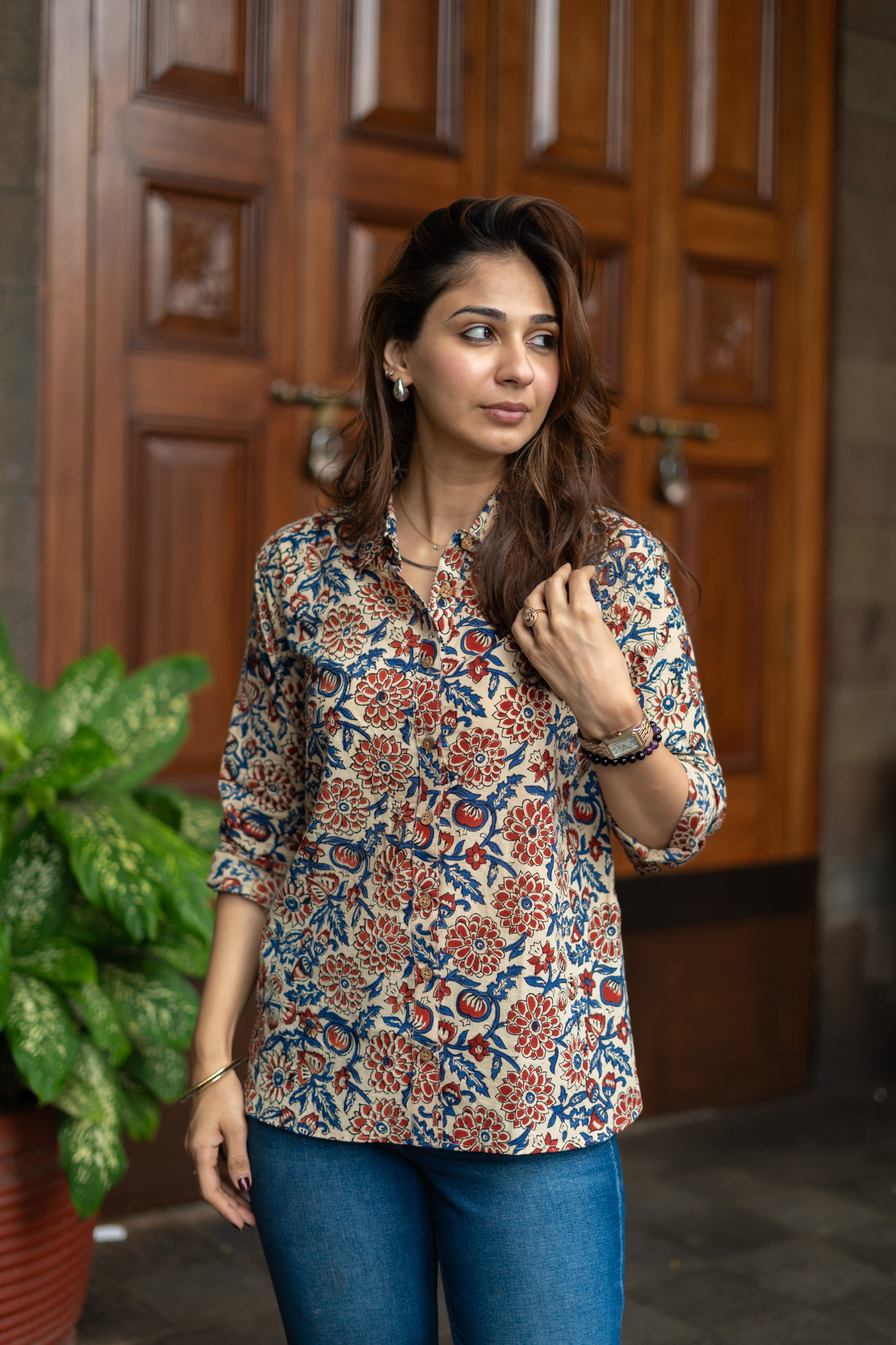 Red Blue Floral Handblock Cotton Shirt