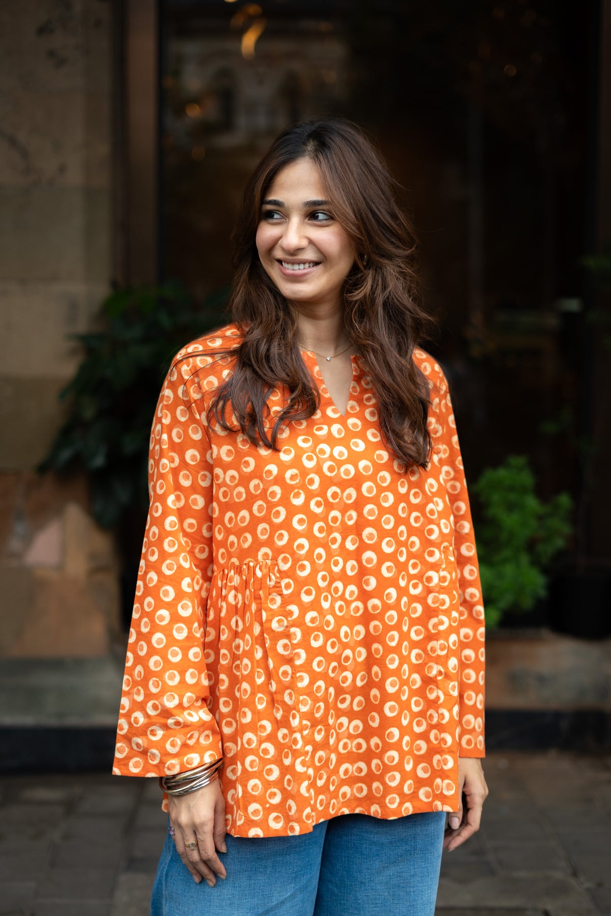 Orange Bagru Bell Sleeves Cotton Short Top