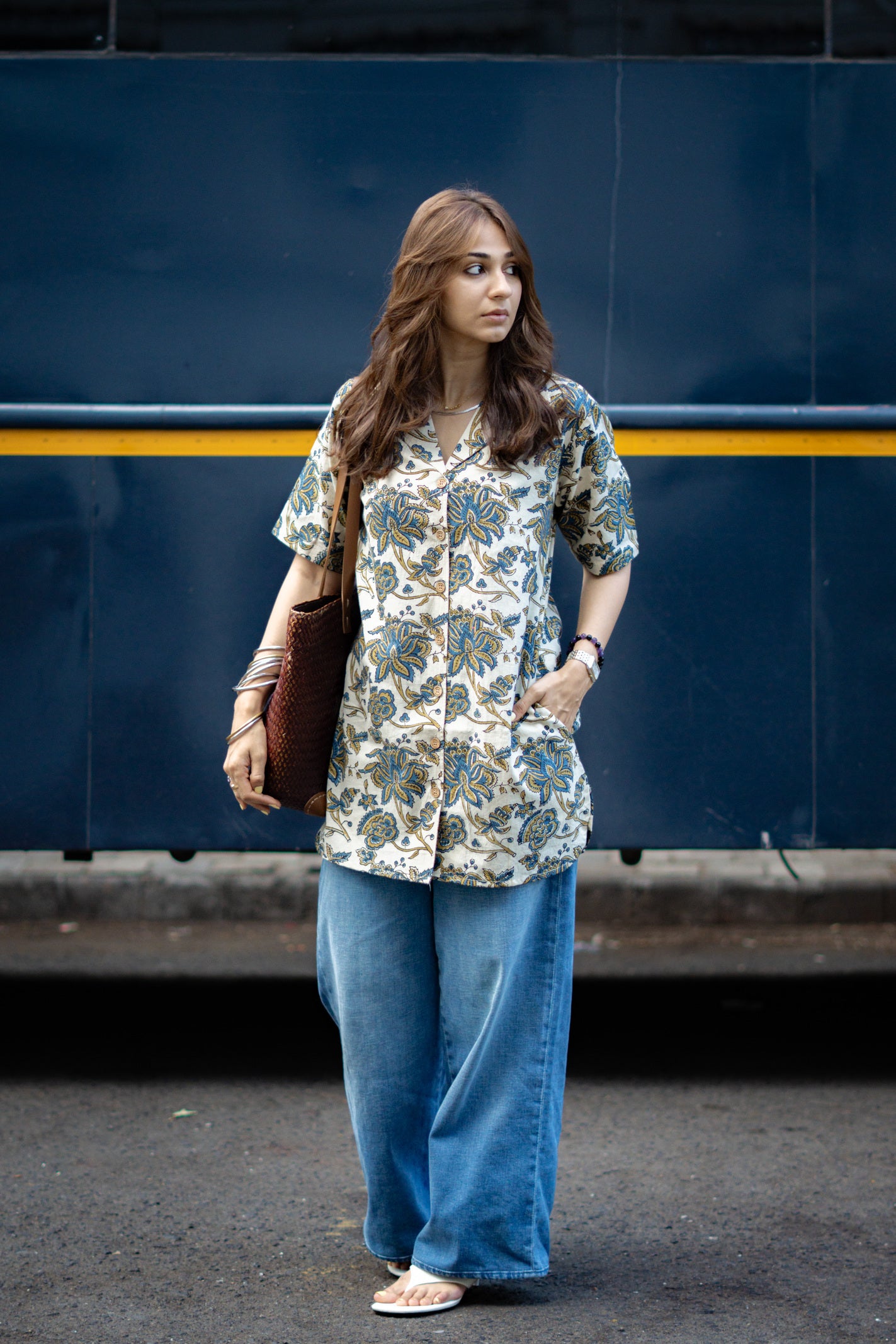 Ajrakh Beige Floral Handblock Cotton Shirt Kurti