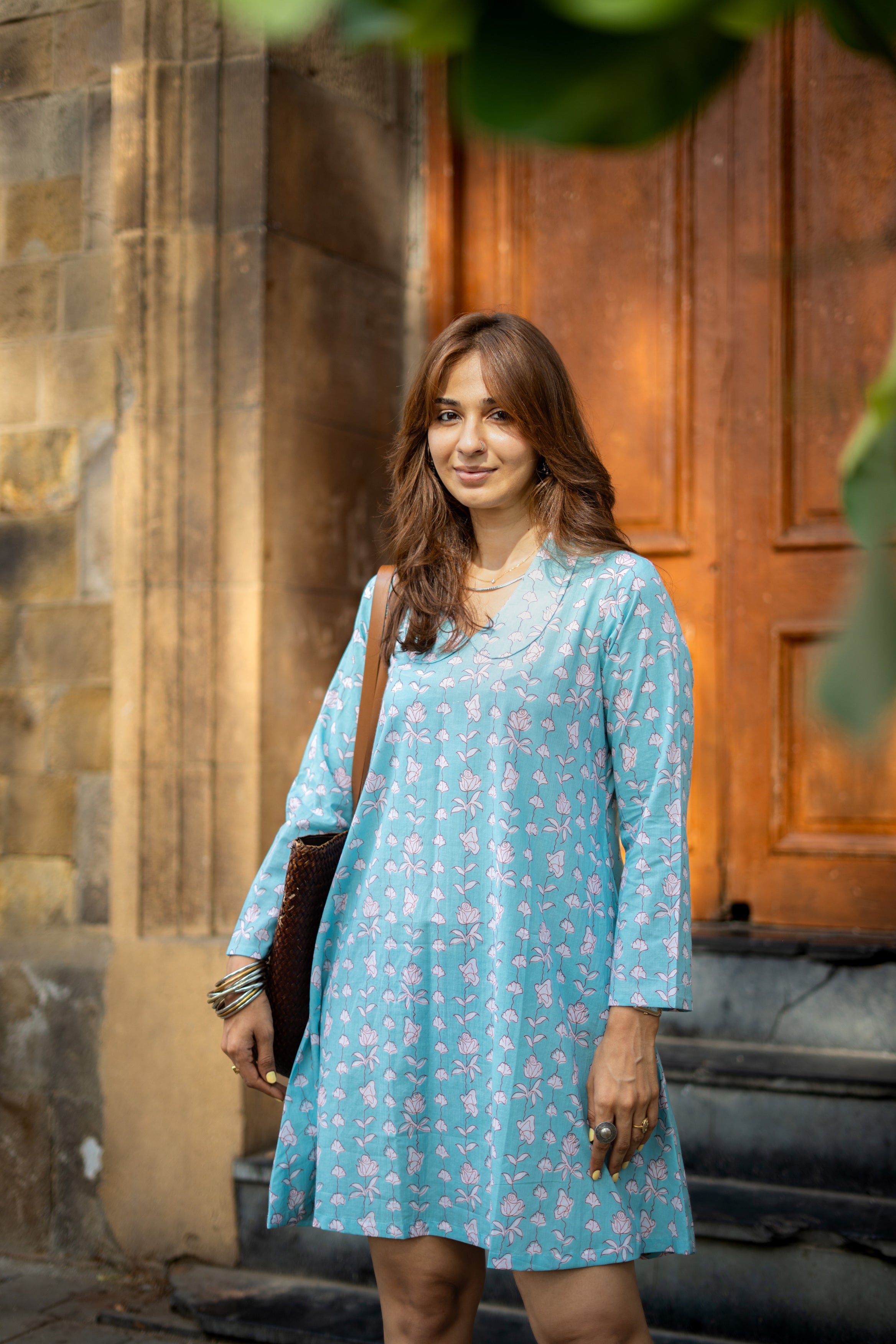 Sky Blue Floral Handblock Cotton A Line Dress