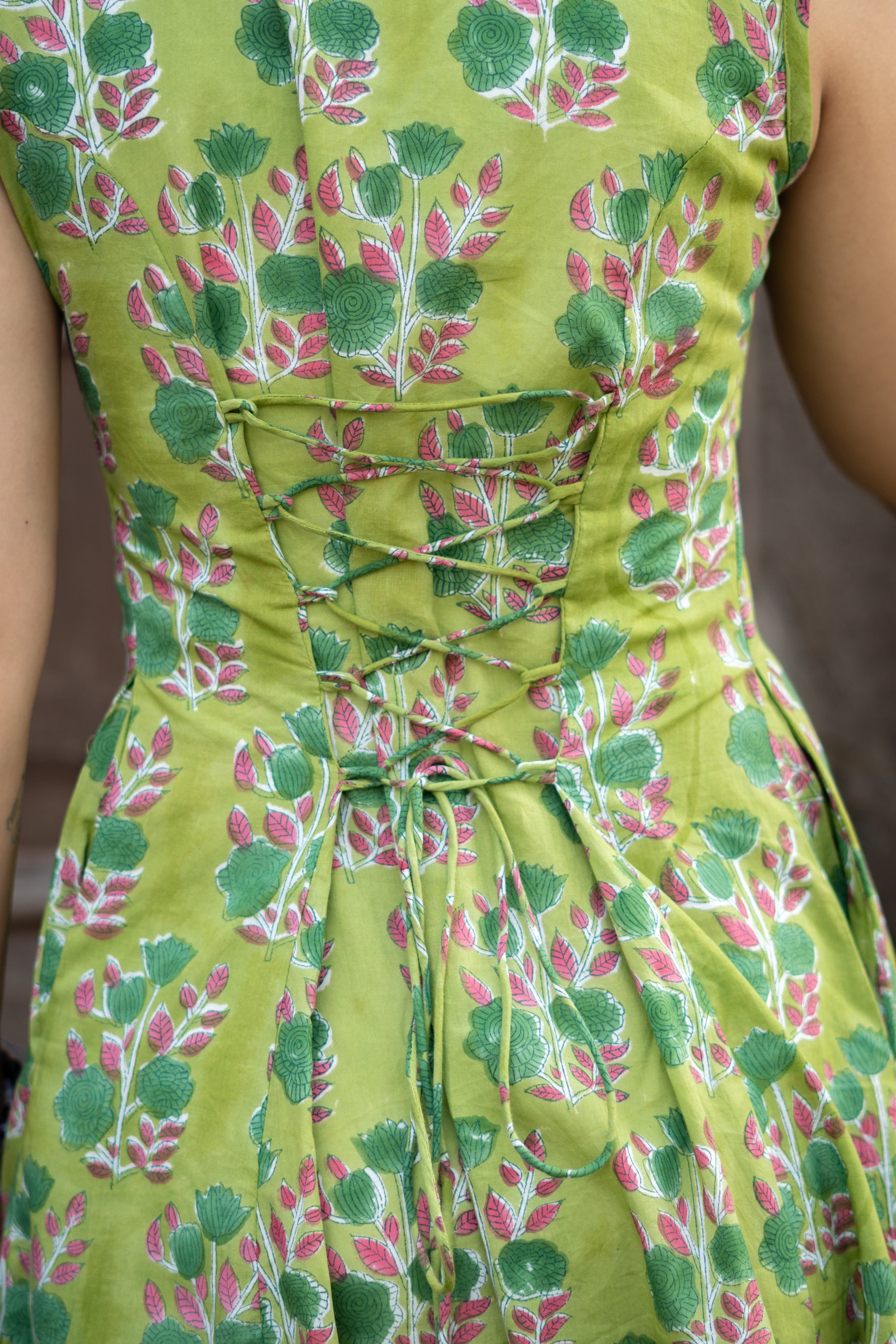 Bagru Greens Handblock Cotton Corset Dress