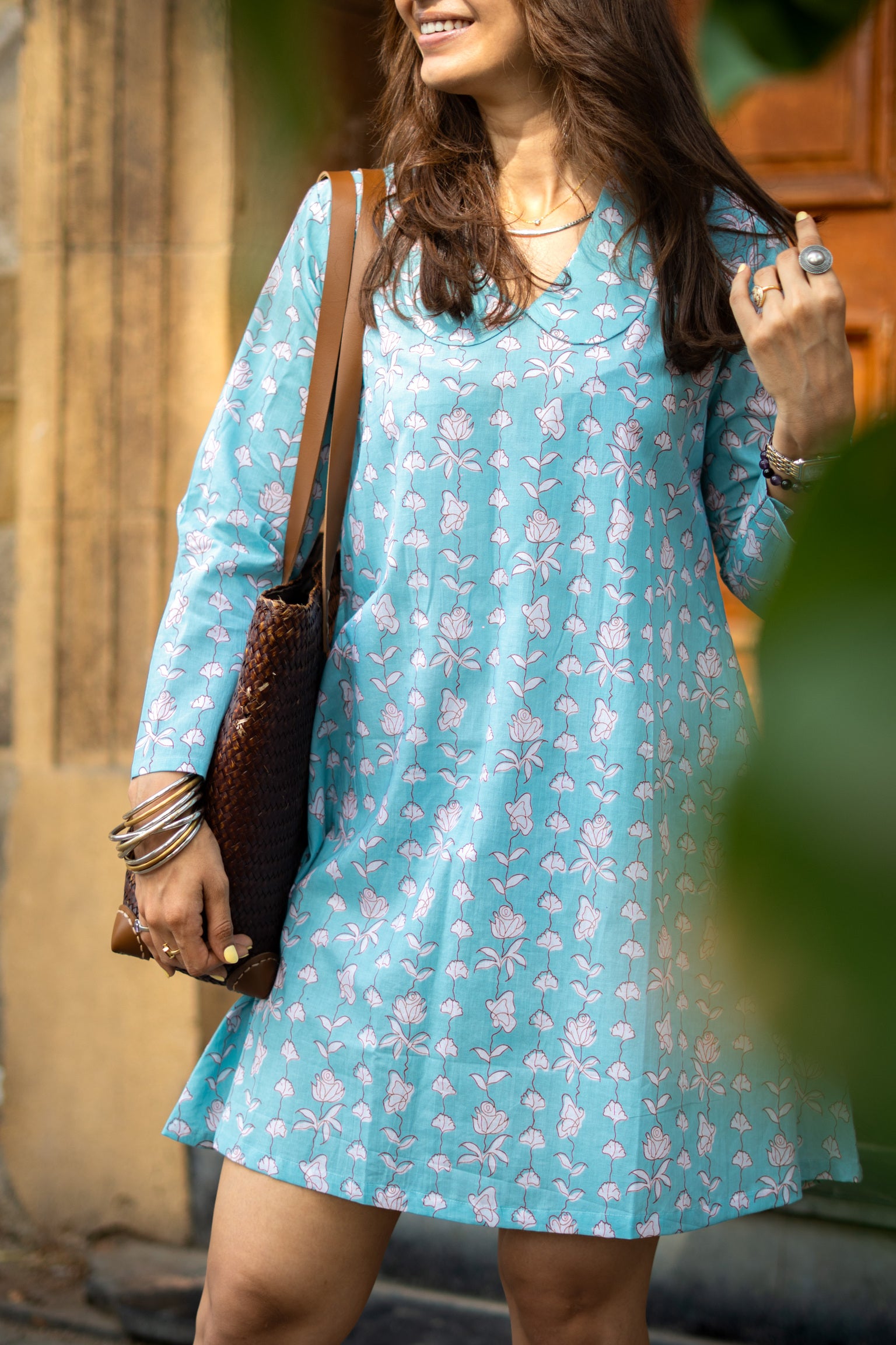 Sky Blue Floral Handblock Cotton A Line Dress
