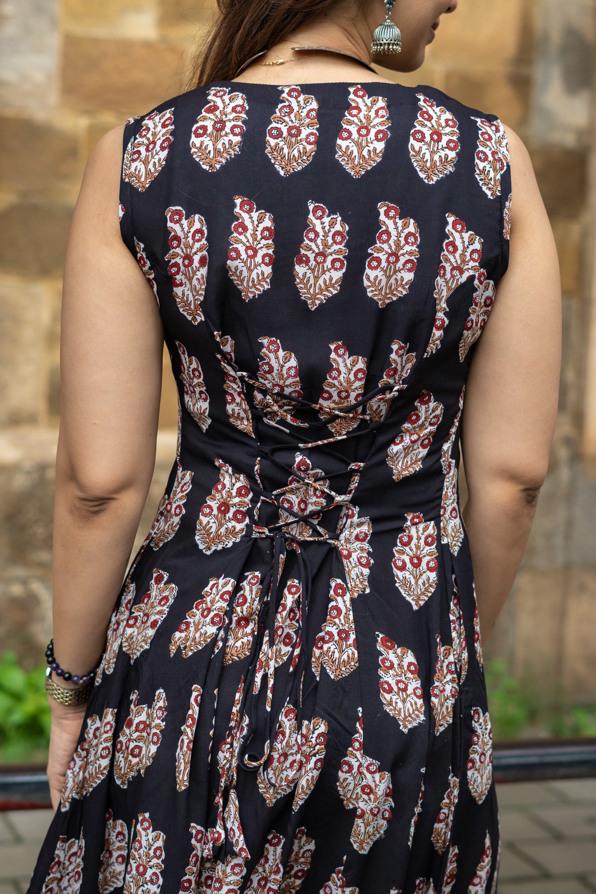 Black Red Floral Handblock Modal Corset Dress