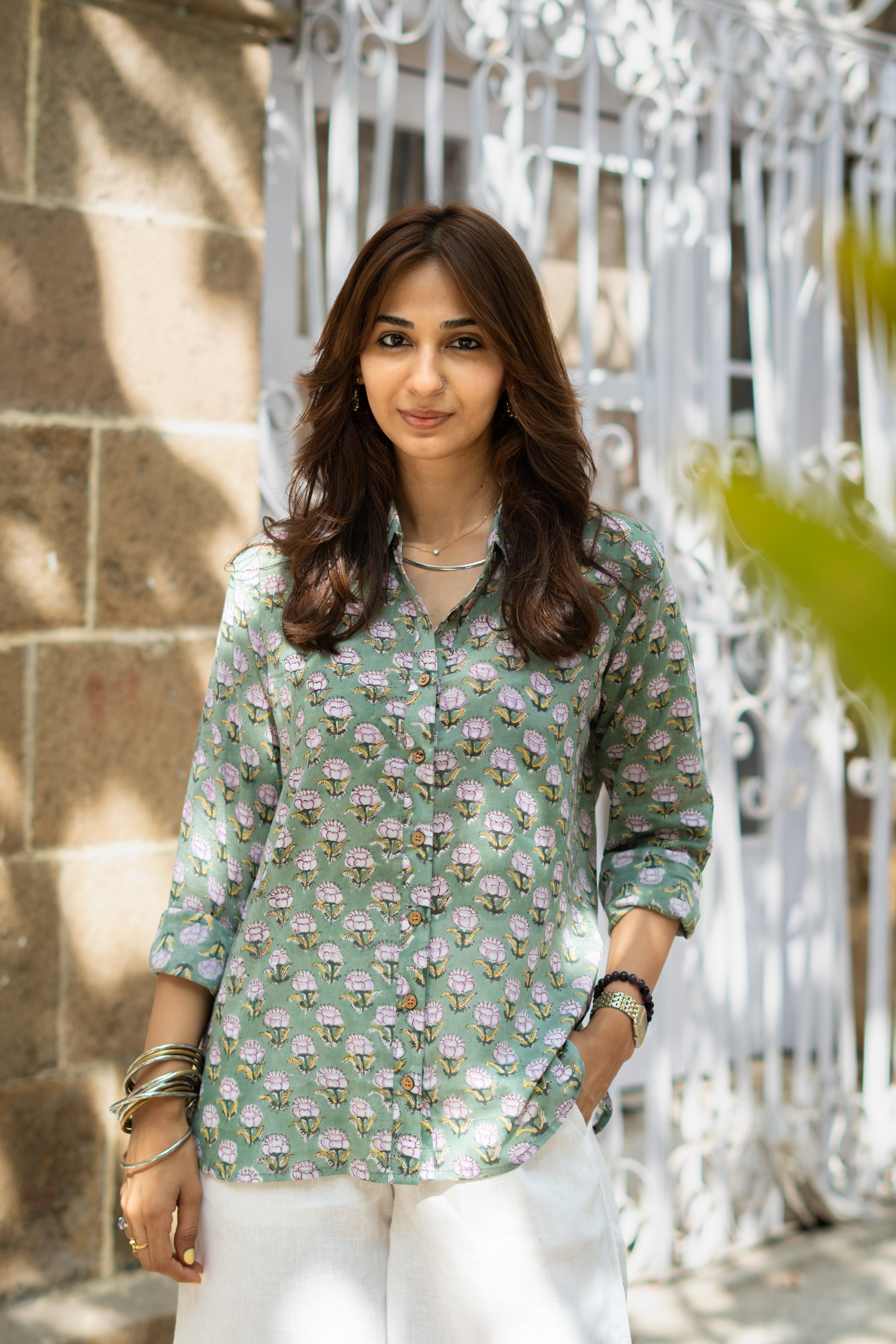 Green Sanganeri Handblock Mul Cotton Shirt