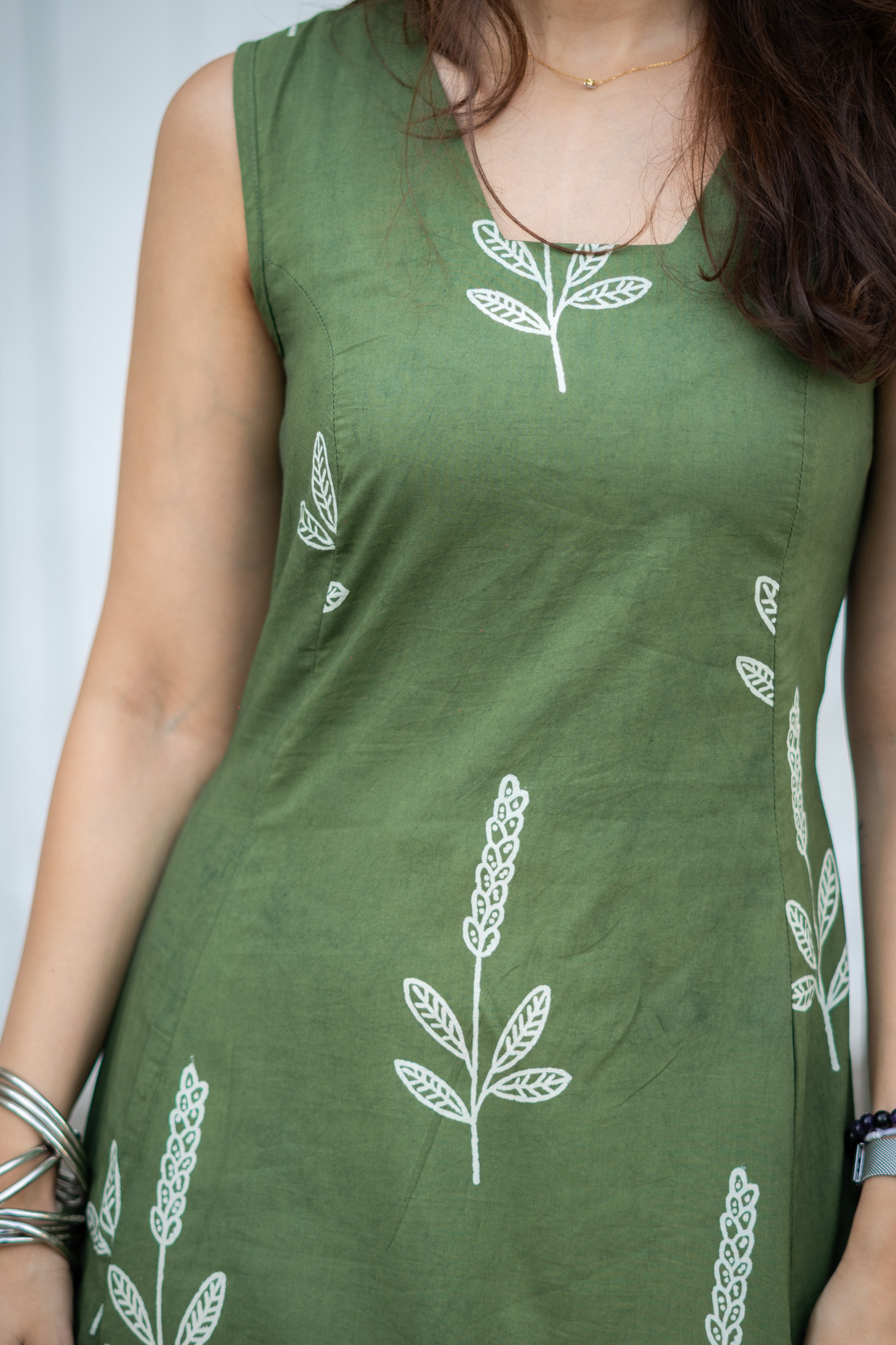 Olive Green Flower Handblock Cotton Corset Dress