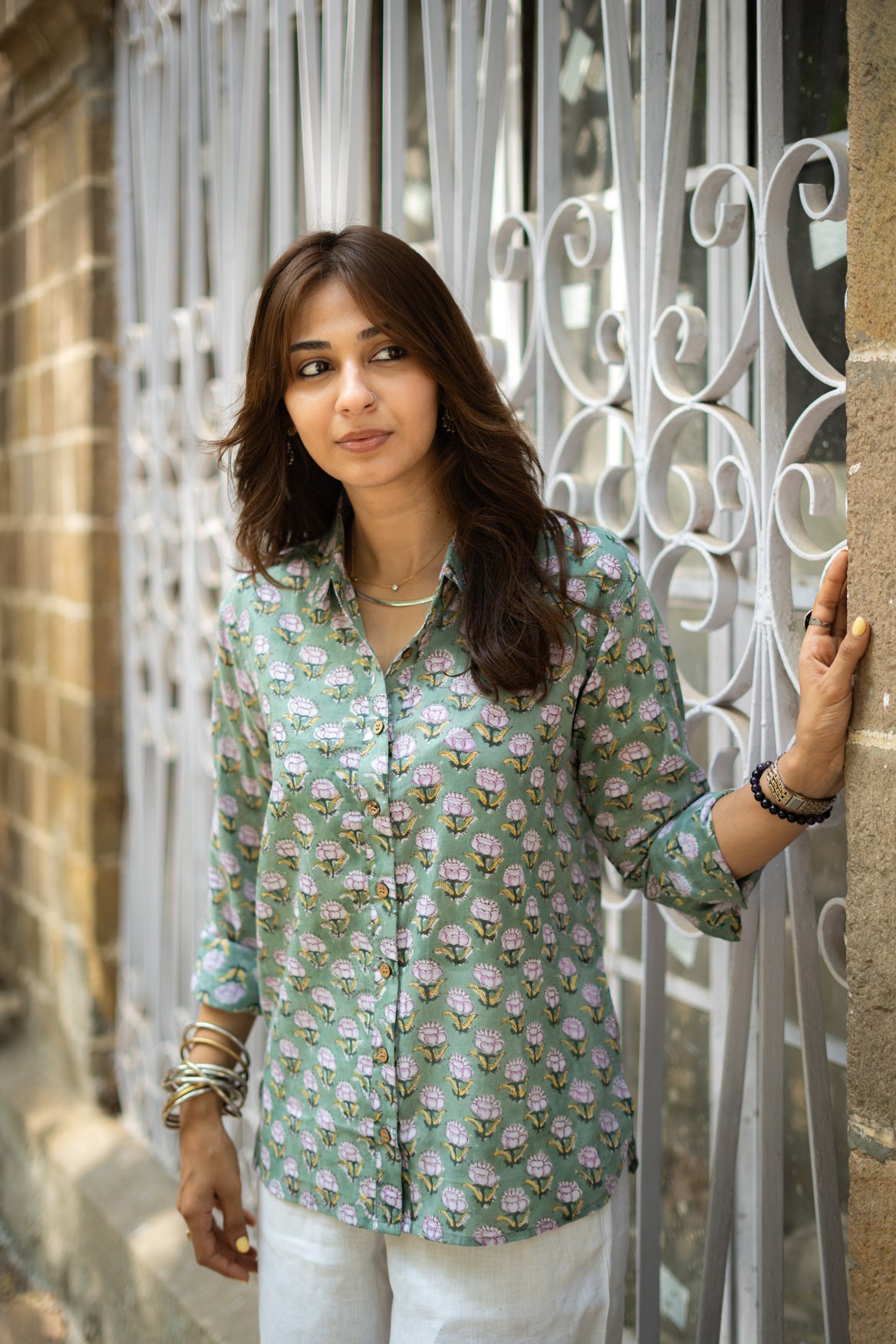 Green Sanganeri Handblock Mul Cotton Shirt