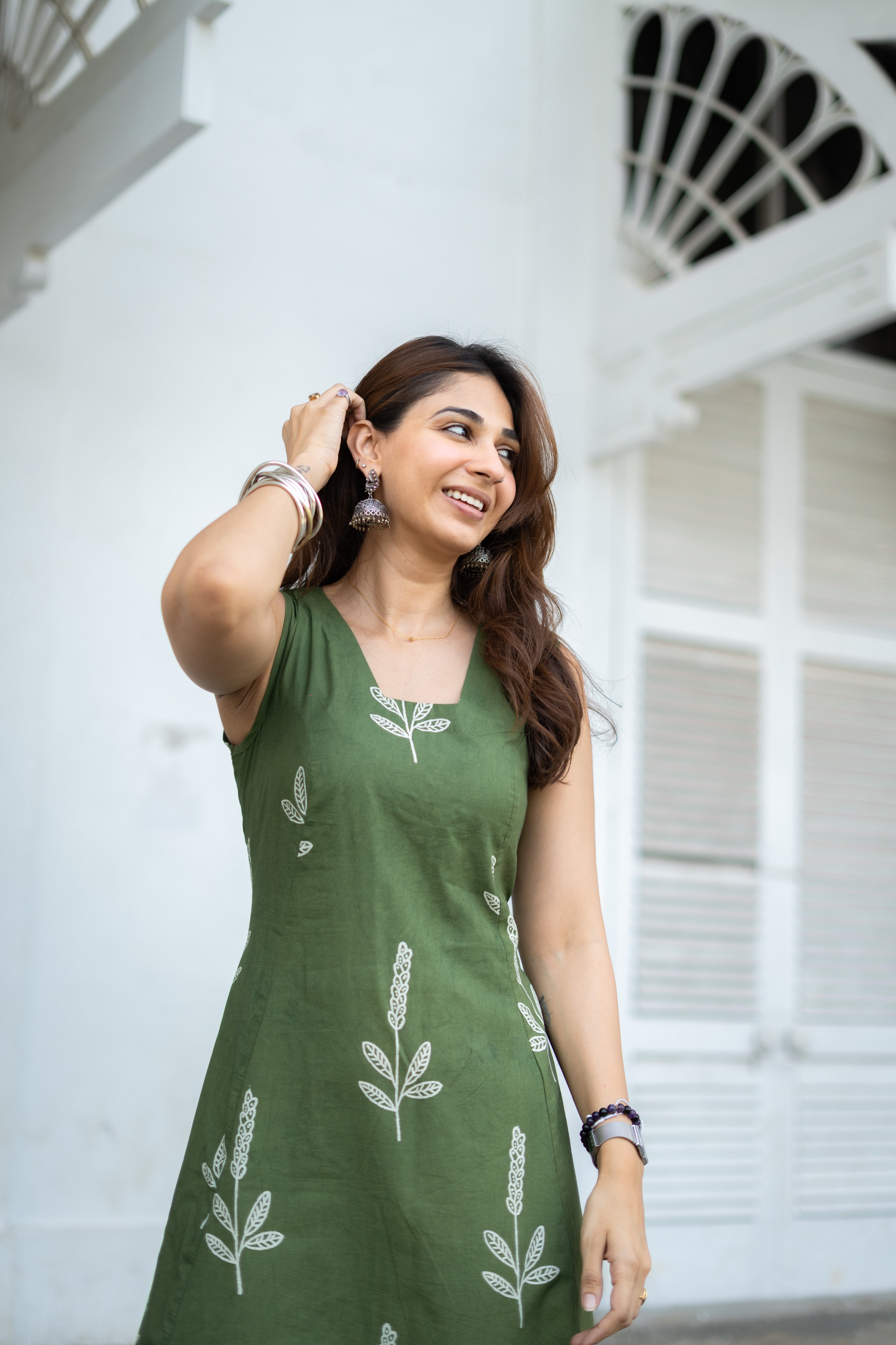 Olive Green Flower Handblock Cotton Corset Dress