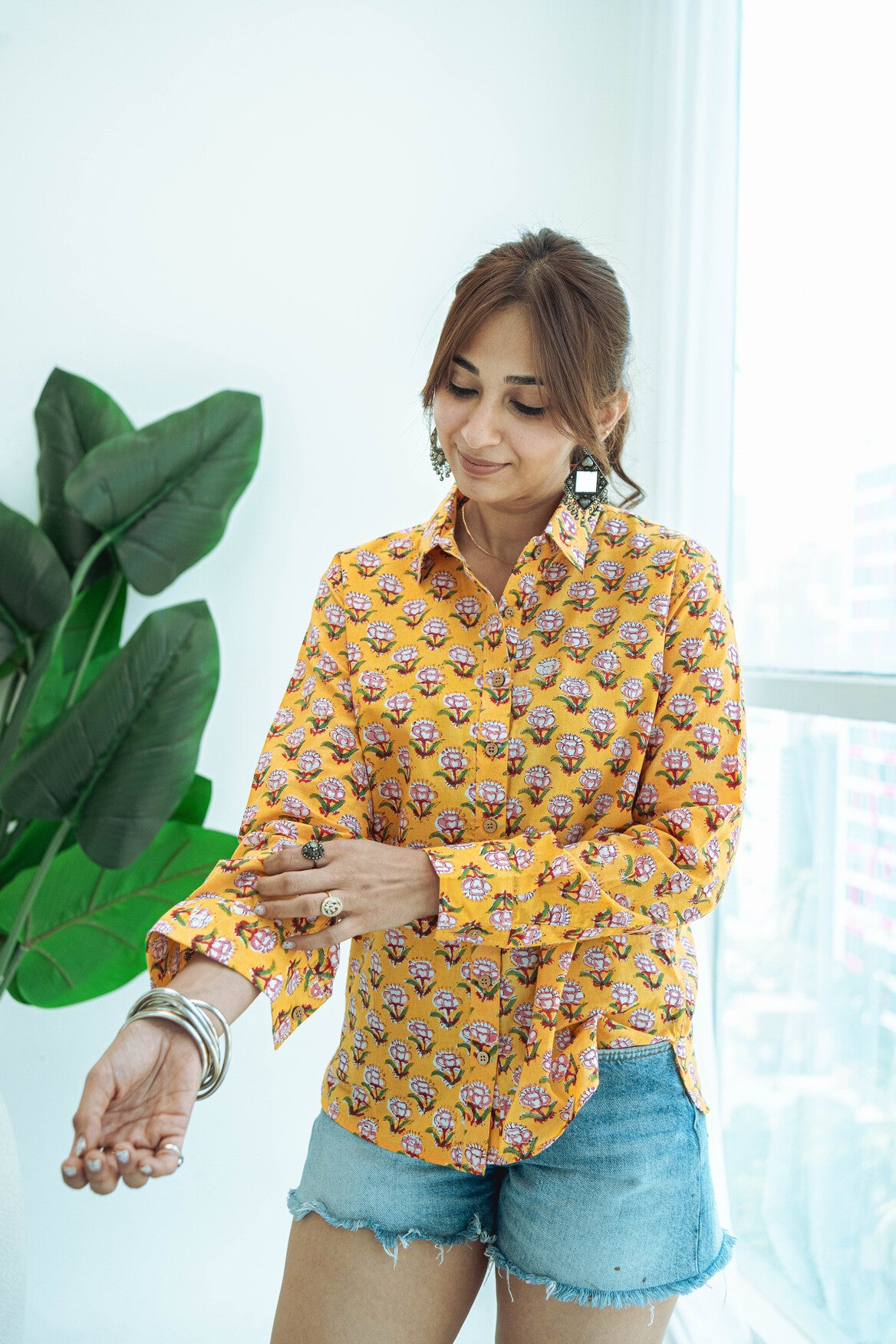 Mustard Yellow Floral Handblock Cotton Shirt