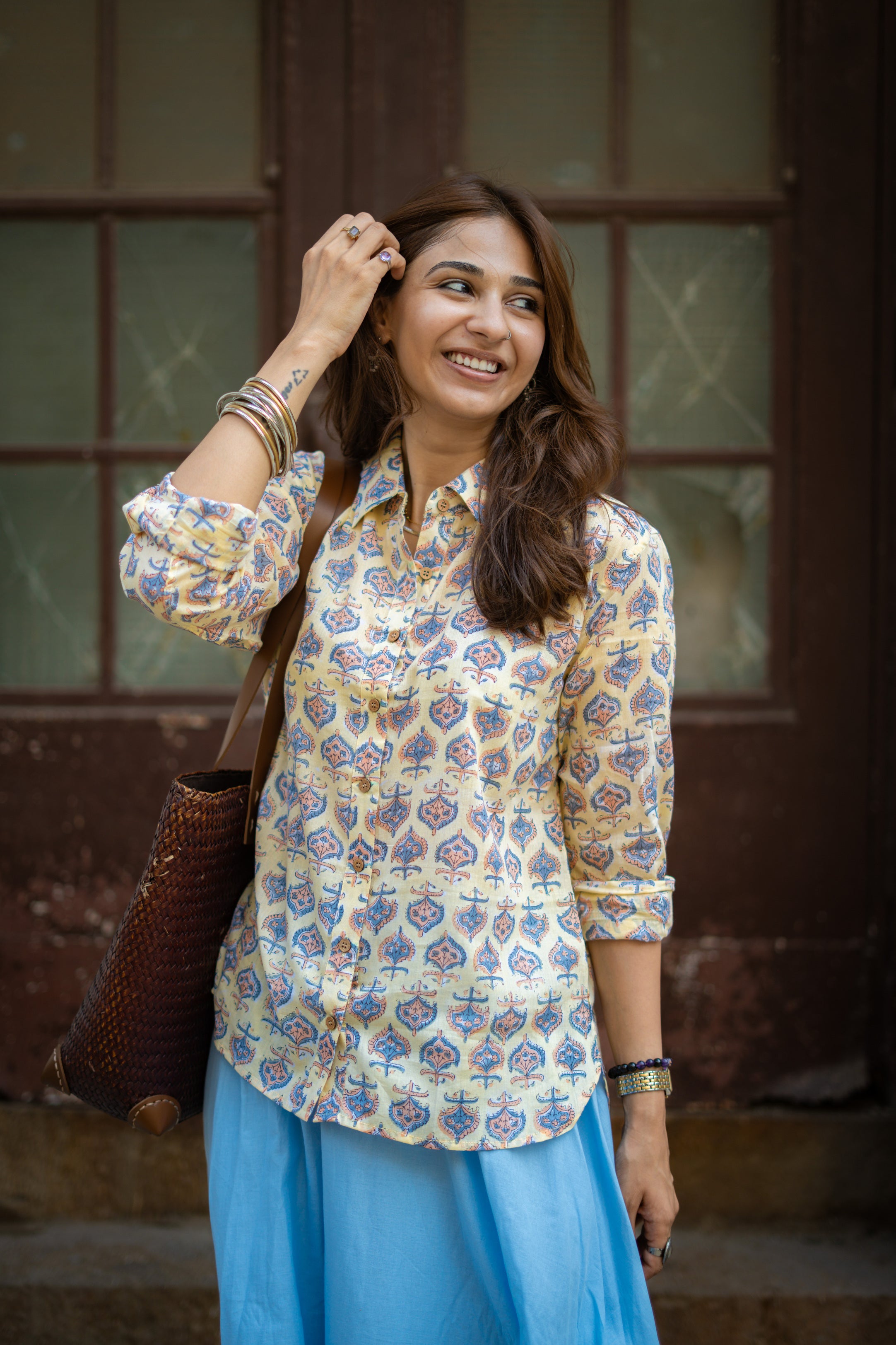 Yellow Sanganeri Handblock Mul Cotton Shirt