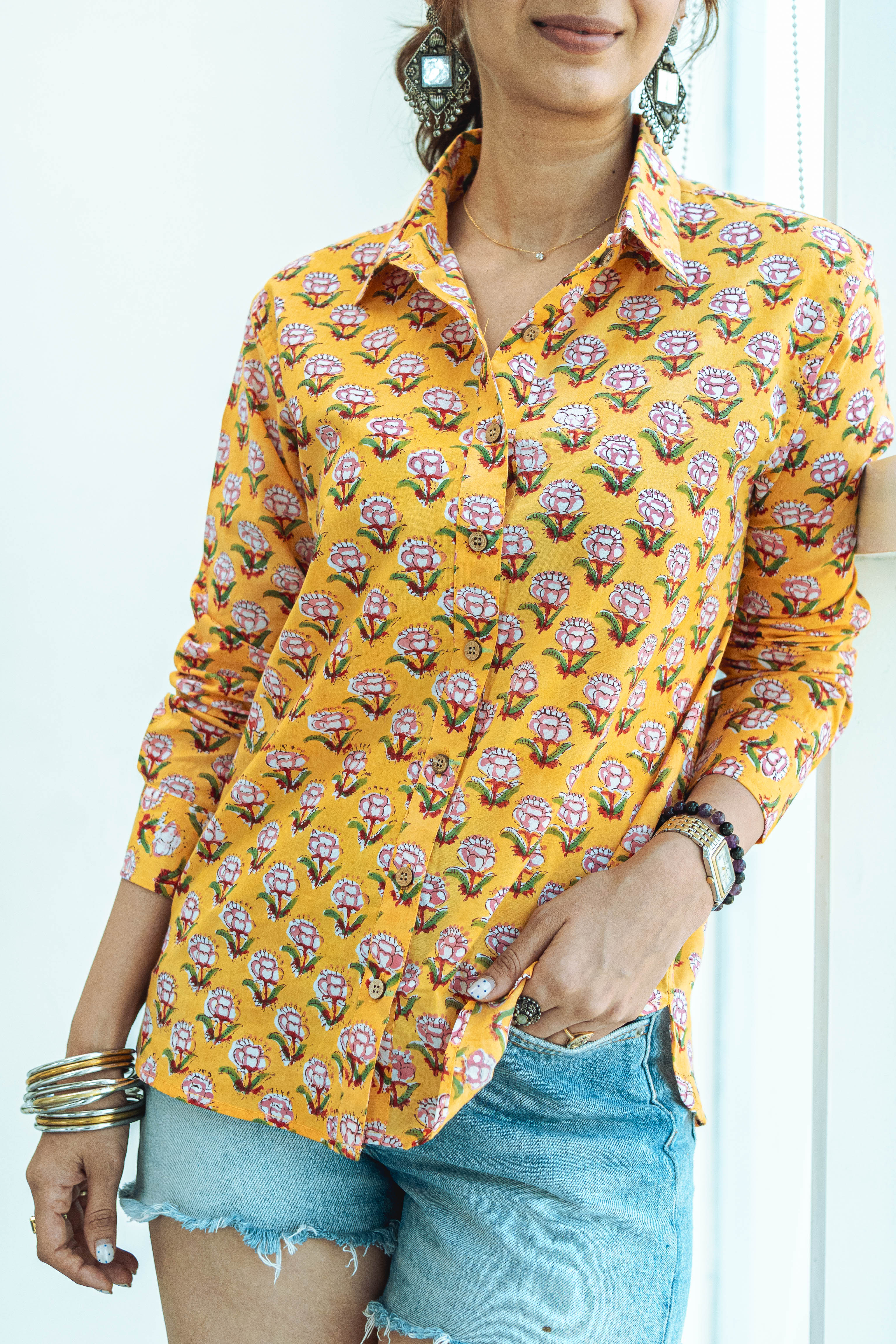 Mustard Yellow Floral Handblock Cotton Shirt