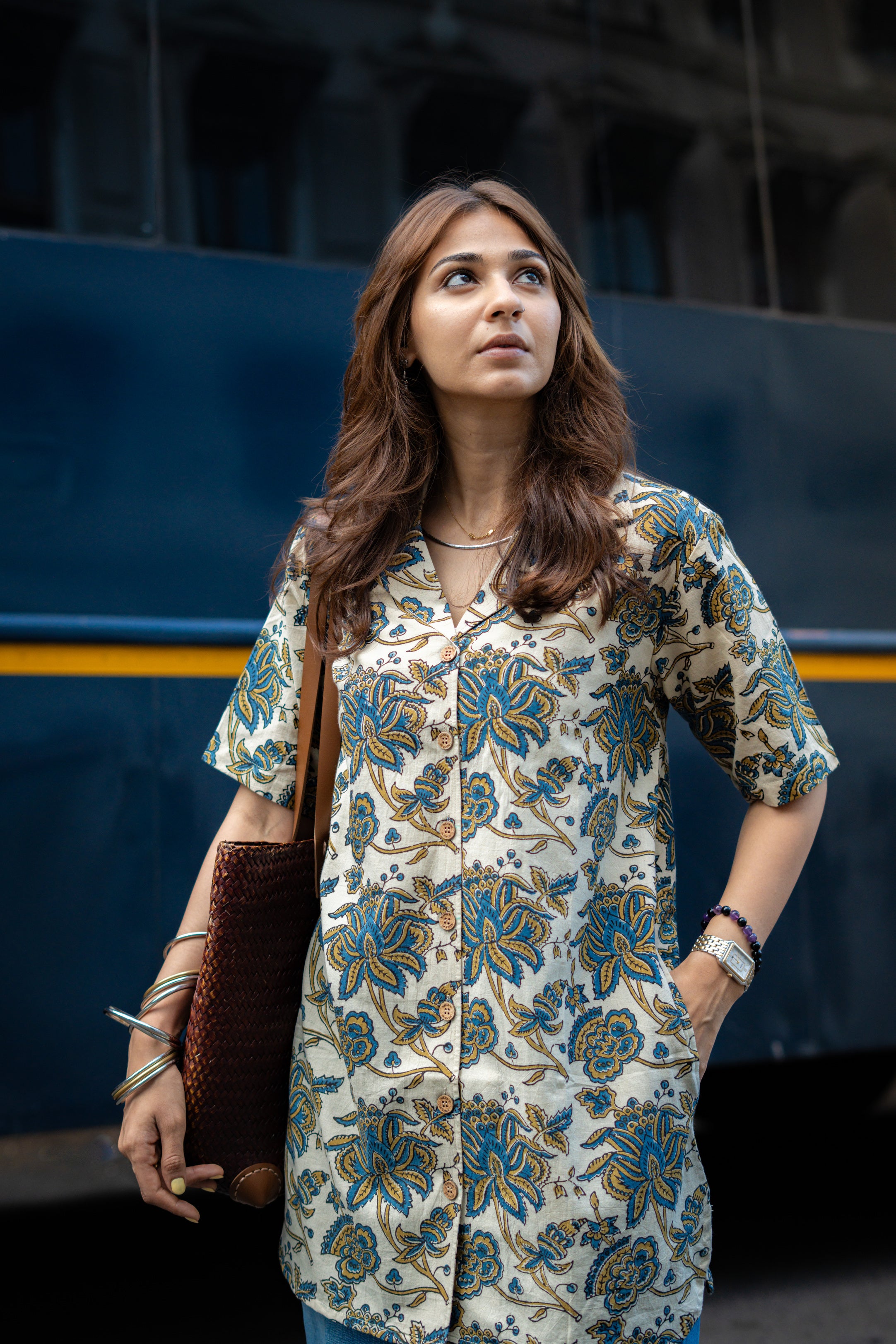 Ajrakh Beige Floral Handblock Cotton Shirt Kurti