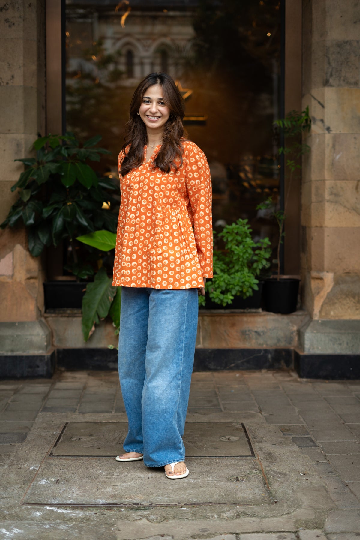 Orange Bagru Bell Sleeves Cotton Short Top