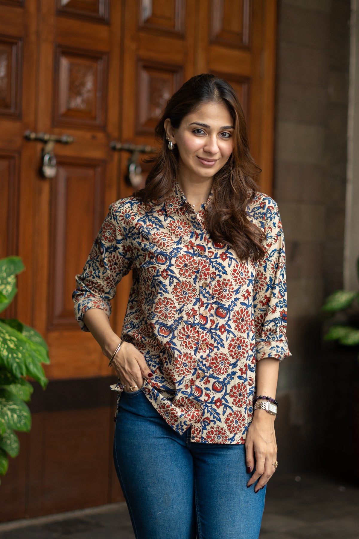 Red Blue Floral Handblock Cotton Shirt