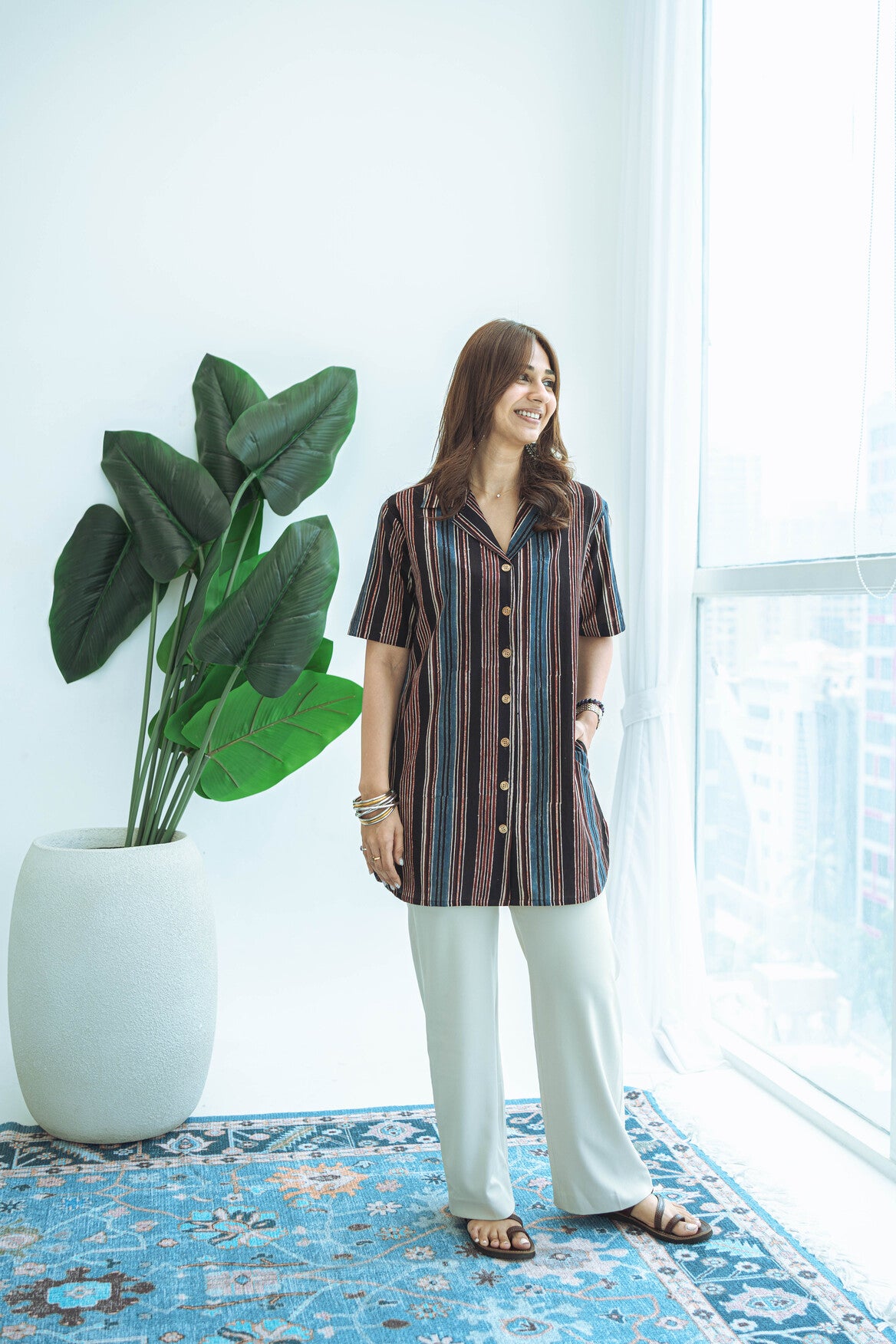 Vintage Ajrakh Stripe Handblock Cotton Shirt Kurti