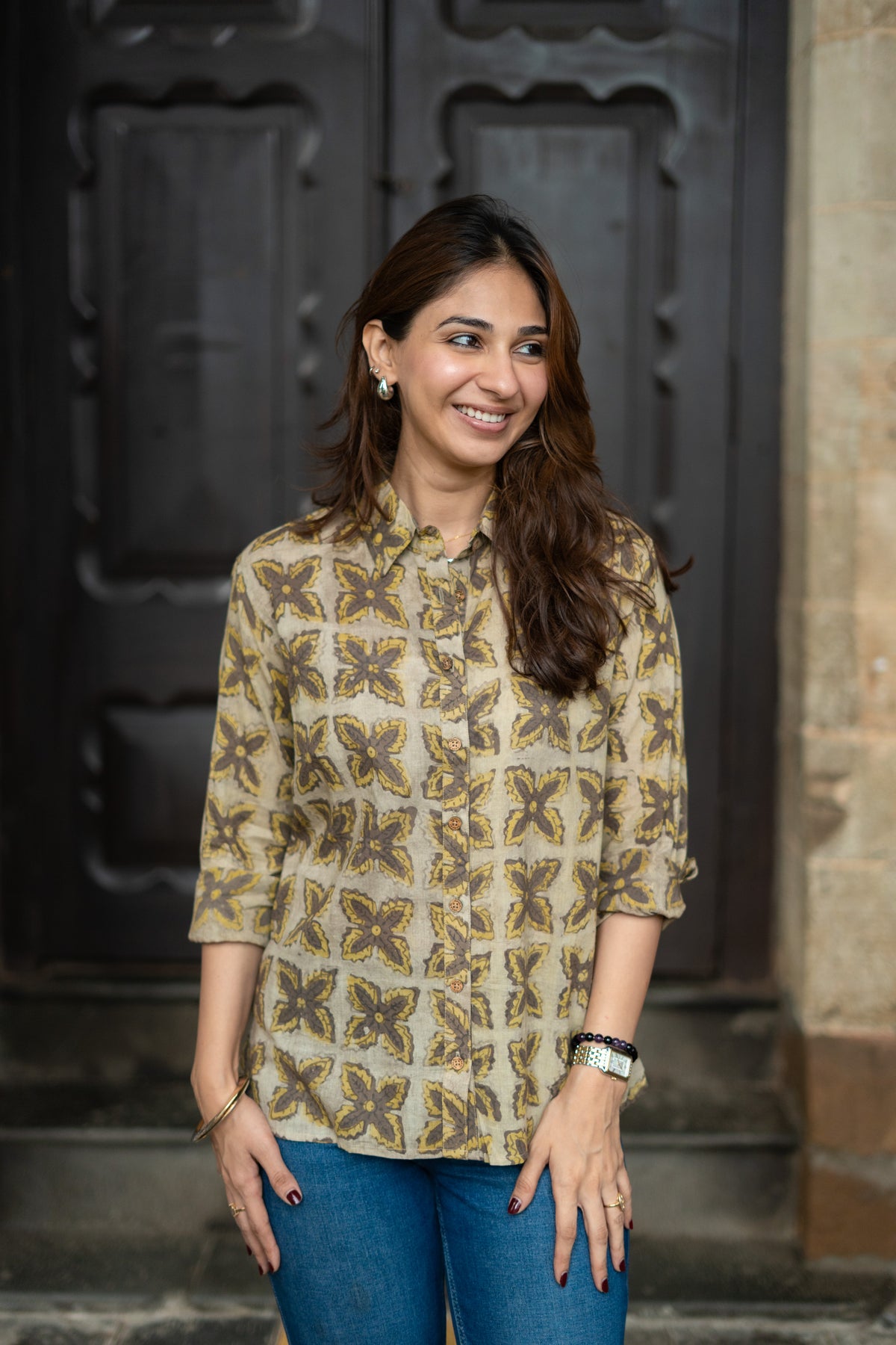 Mustard Jaal Block Print Cotton Shirt
