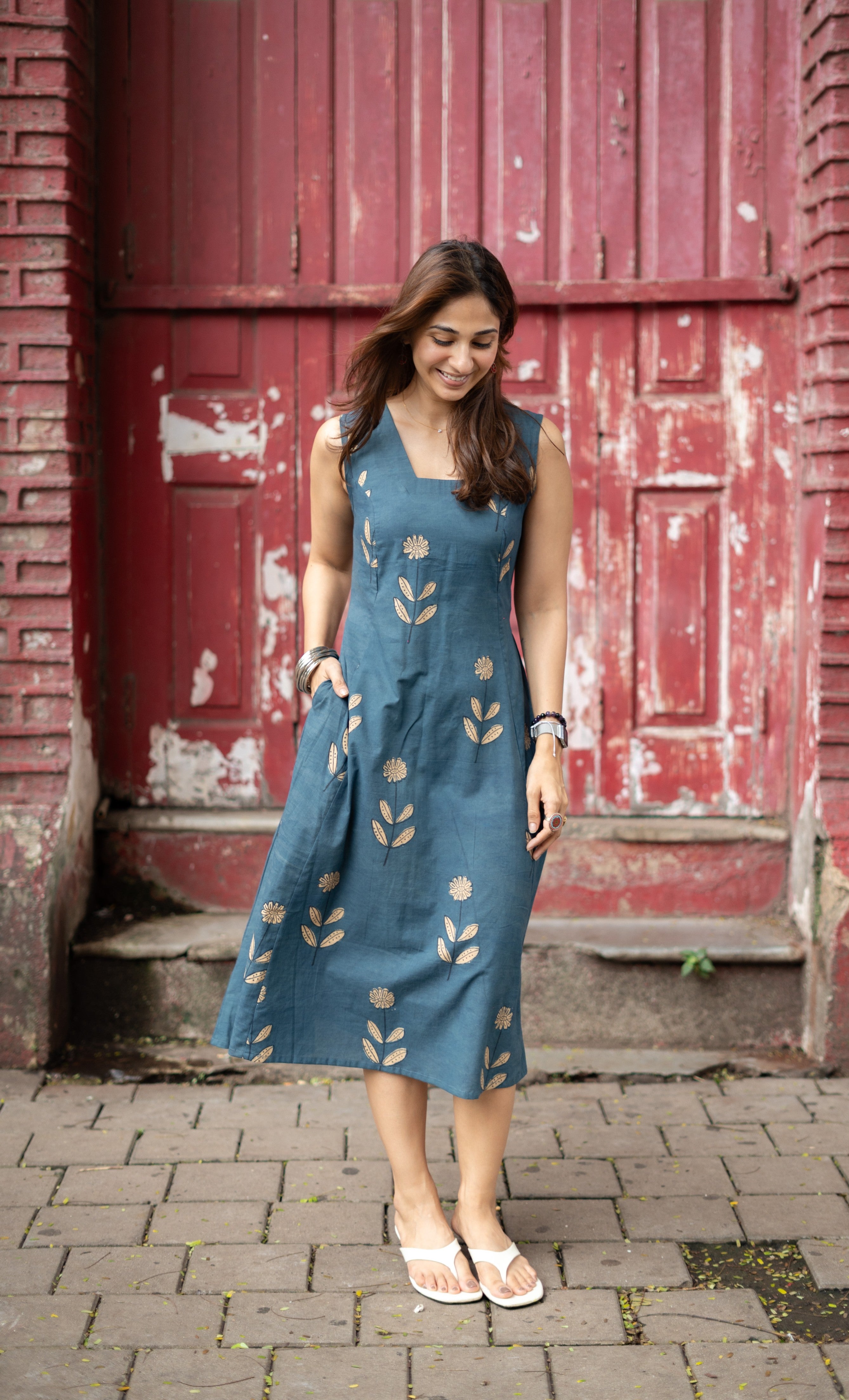 Blue Floral Handblock Cotton Corset Dress