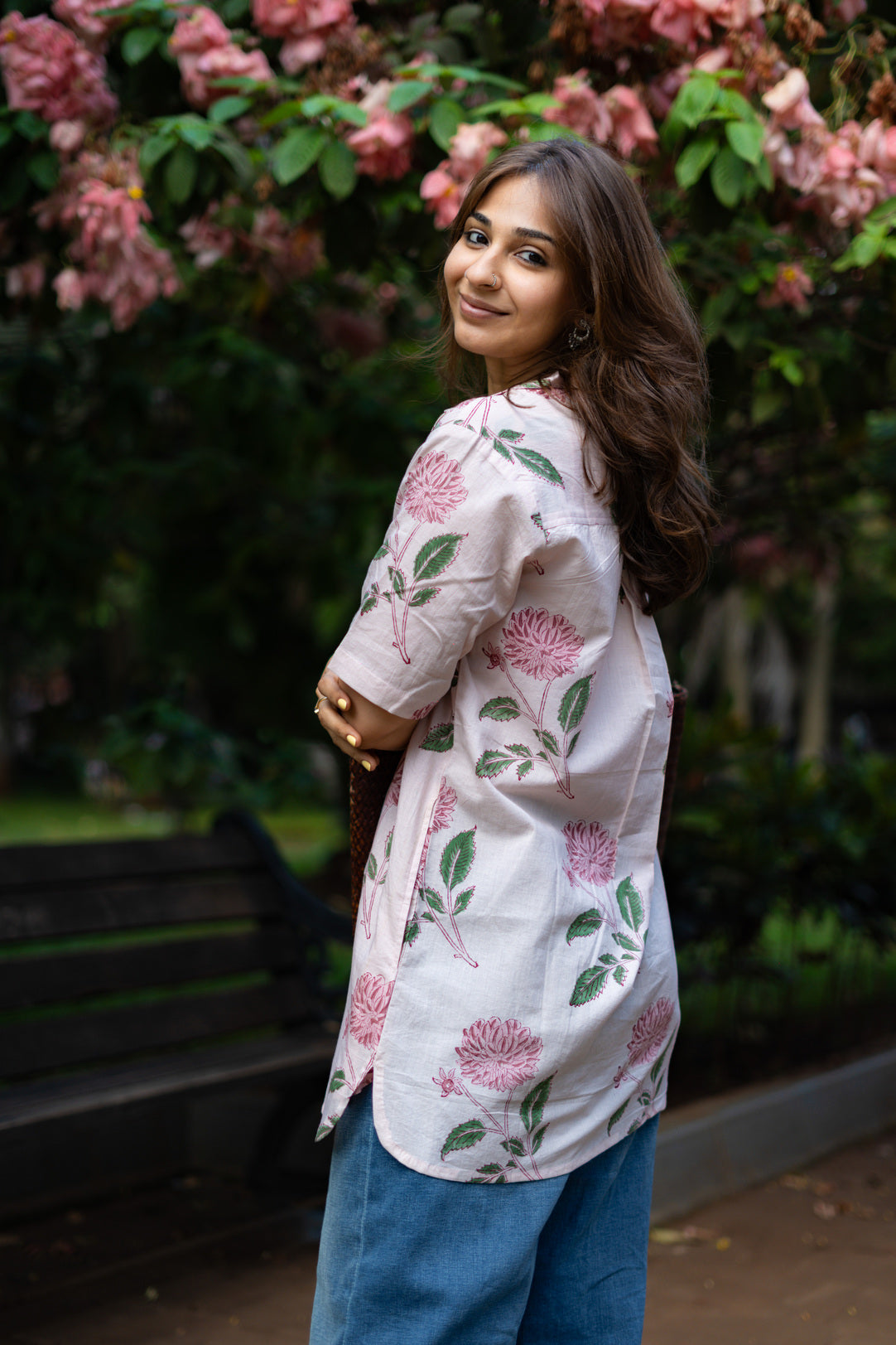 Pink Blossom Handblock Cotton Shirt Kurti