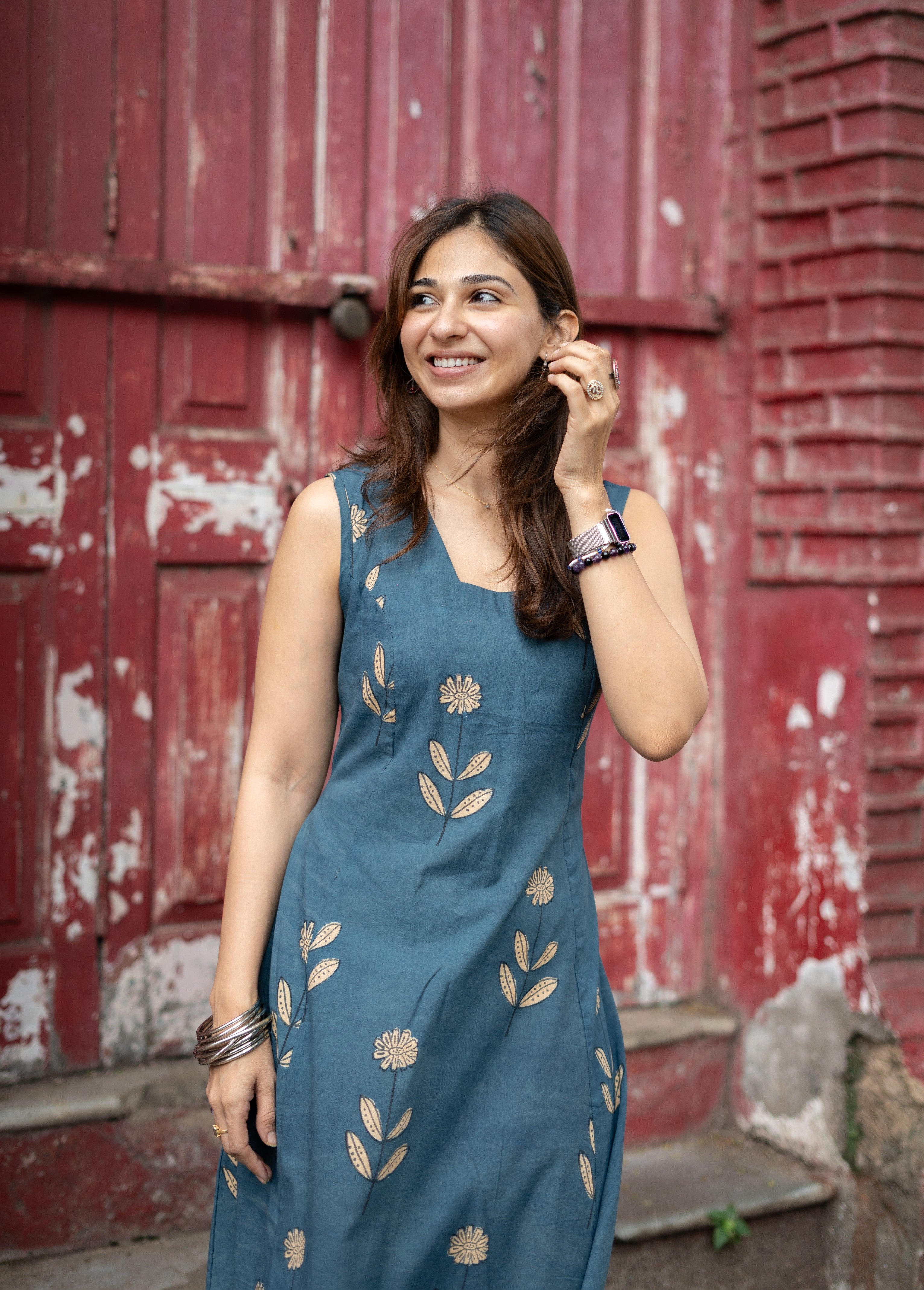 Blue Floral Handblock Cotton Corset Dress