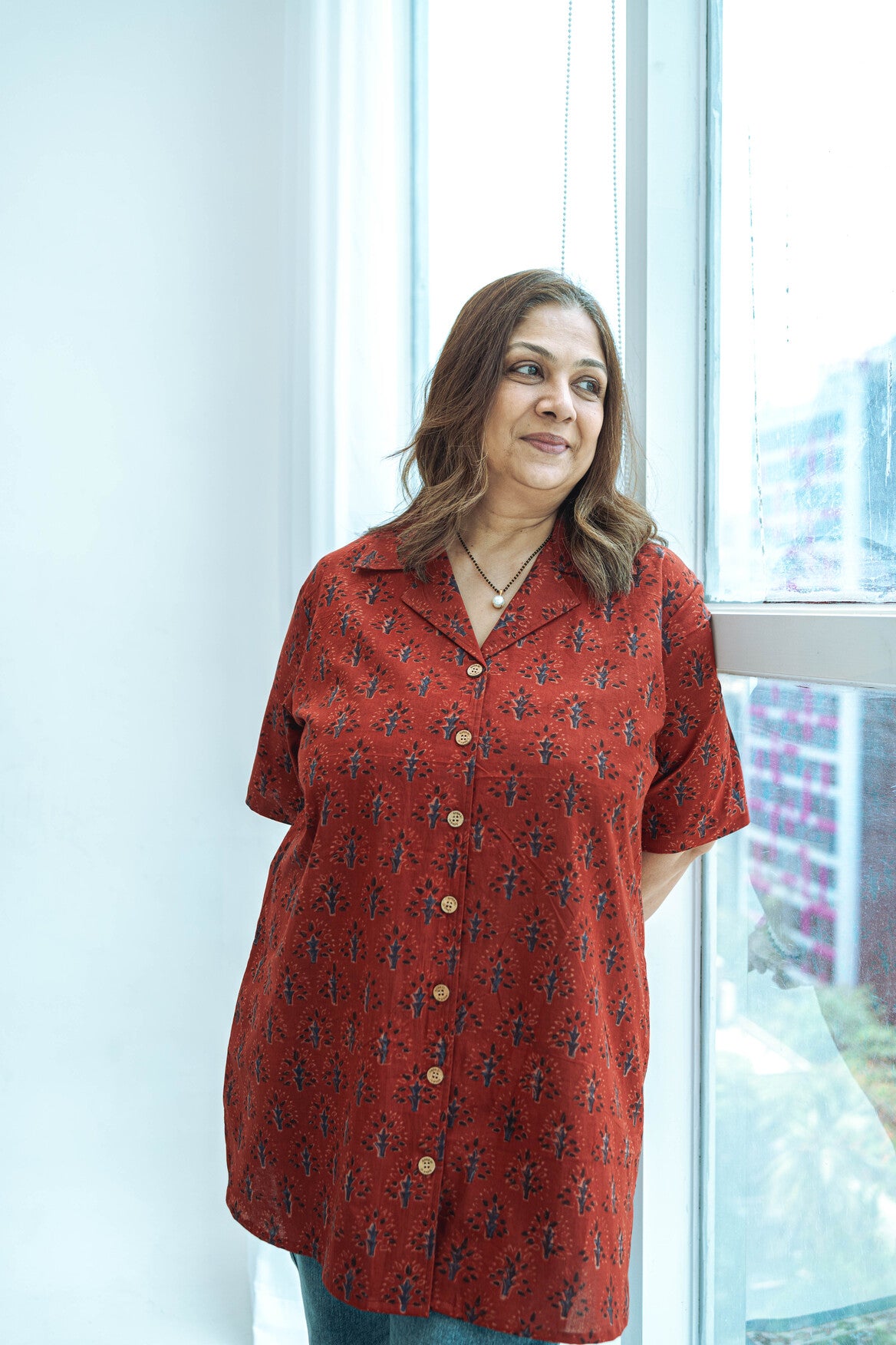 Red Bagru Floral Block Print Cotton Shirt Kurti