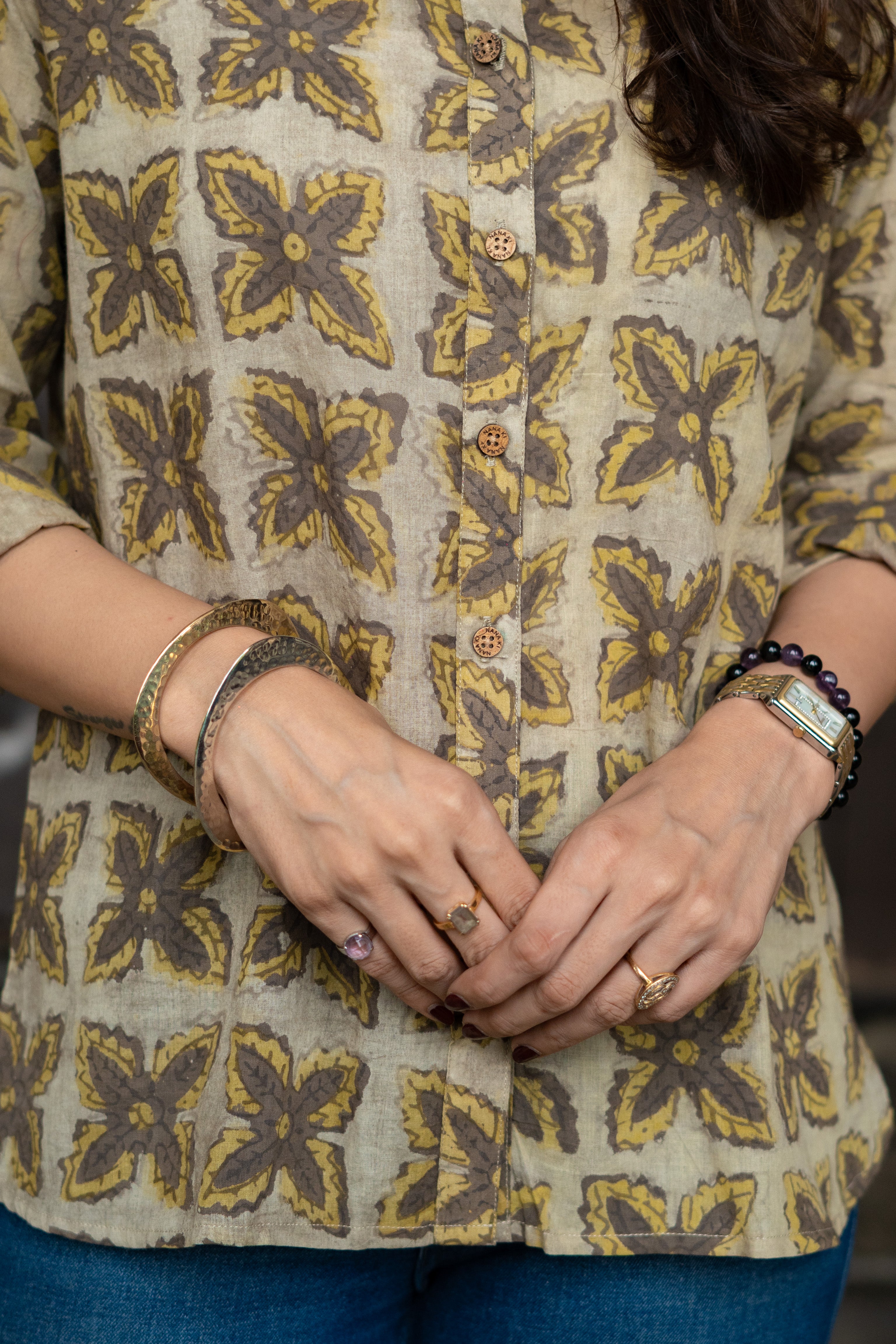 Mustard Jaal Block Print Cotton Shirt