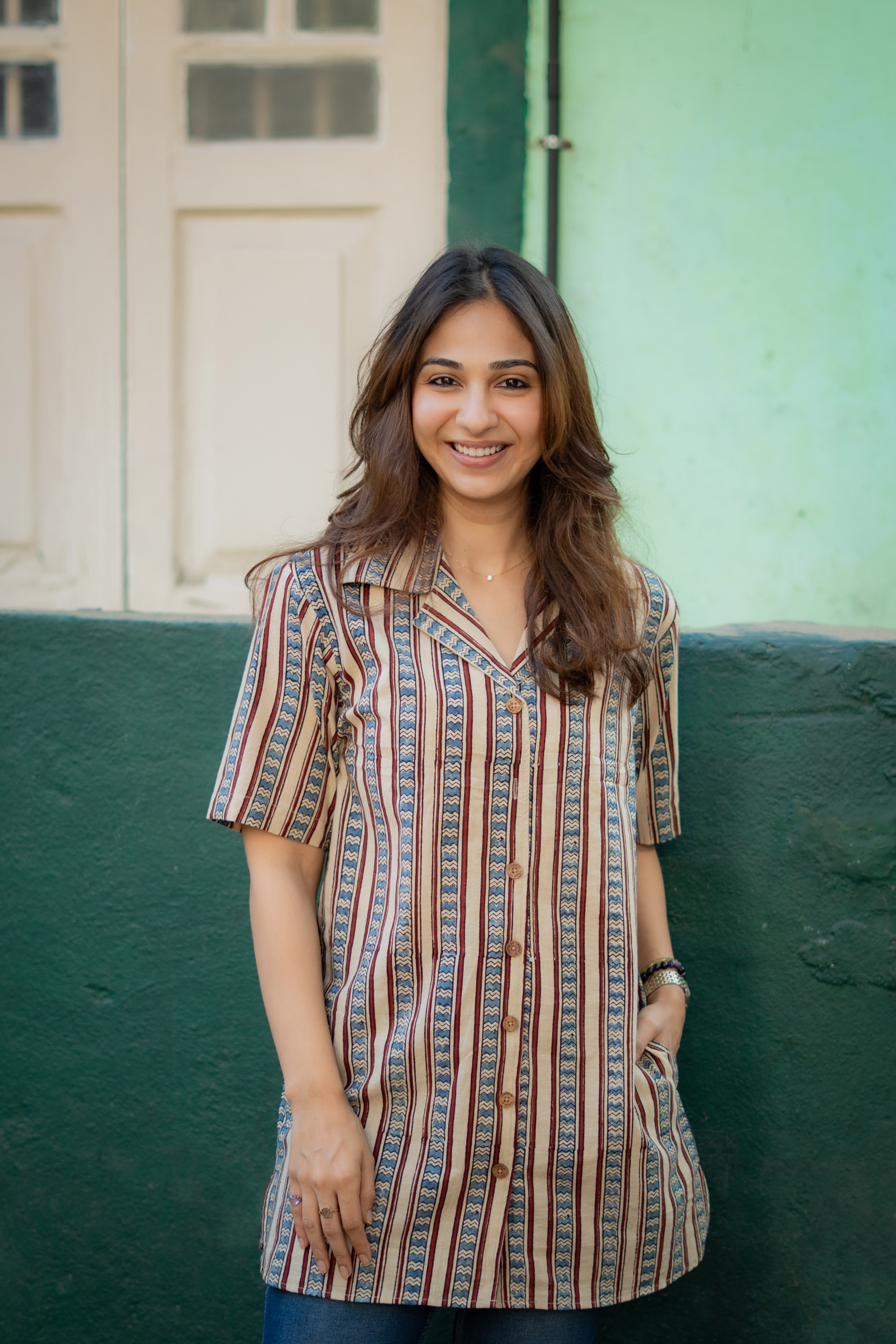 Ajrakh Indigo Red Stripe Handblock Cotton Shirt Kurti