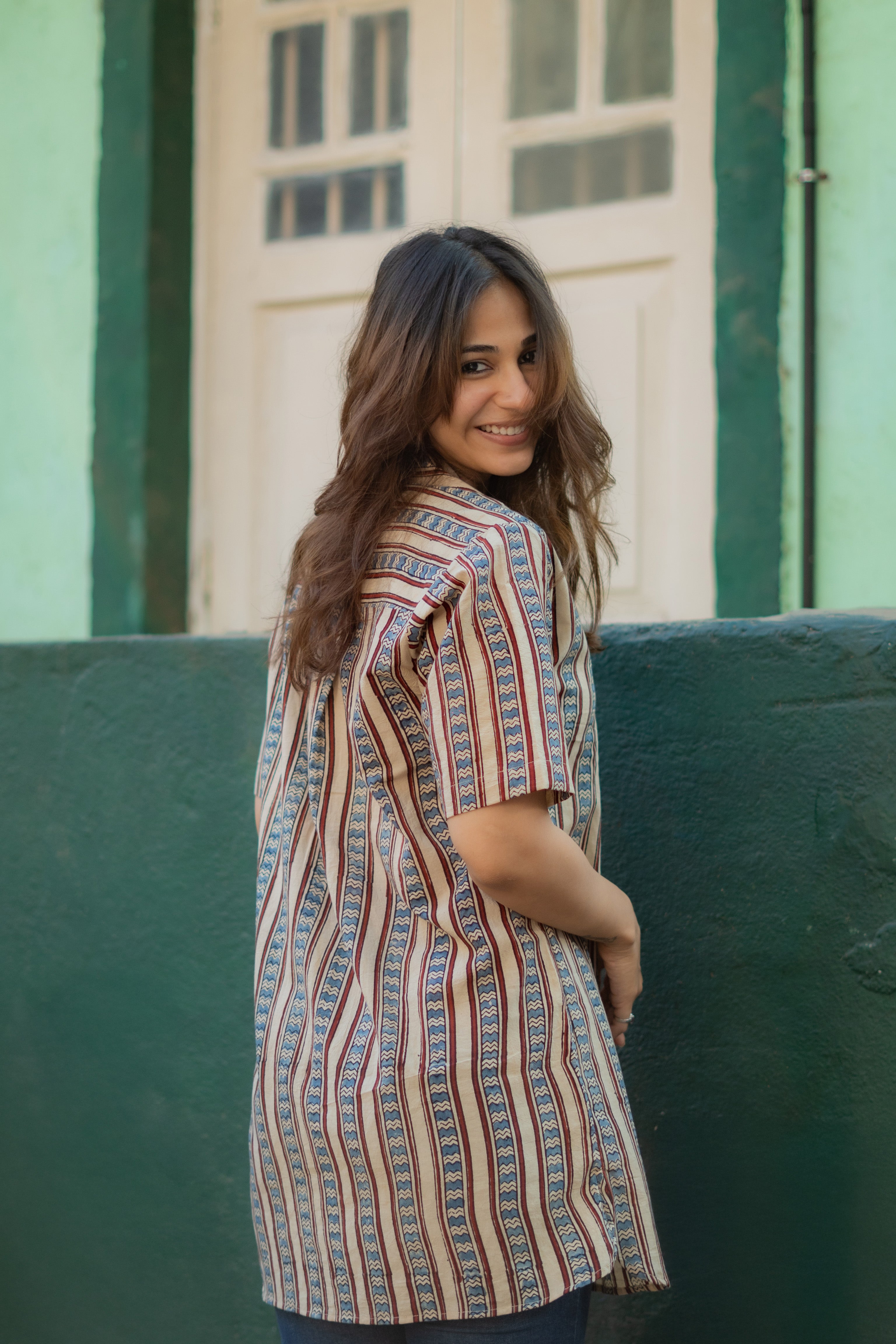 Ajrakh Indigo Red Stripe Handblock Cotton Shirt Kurti