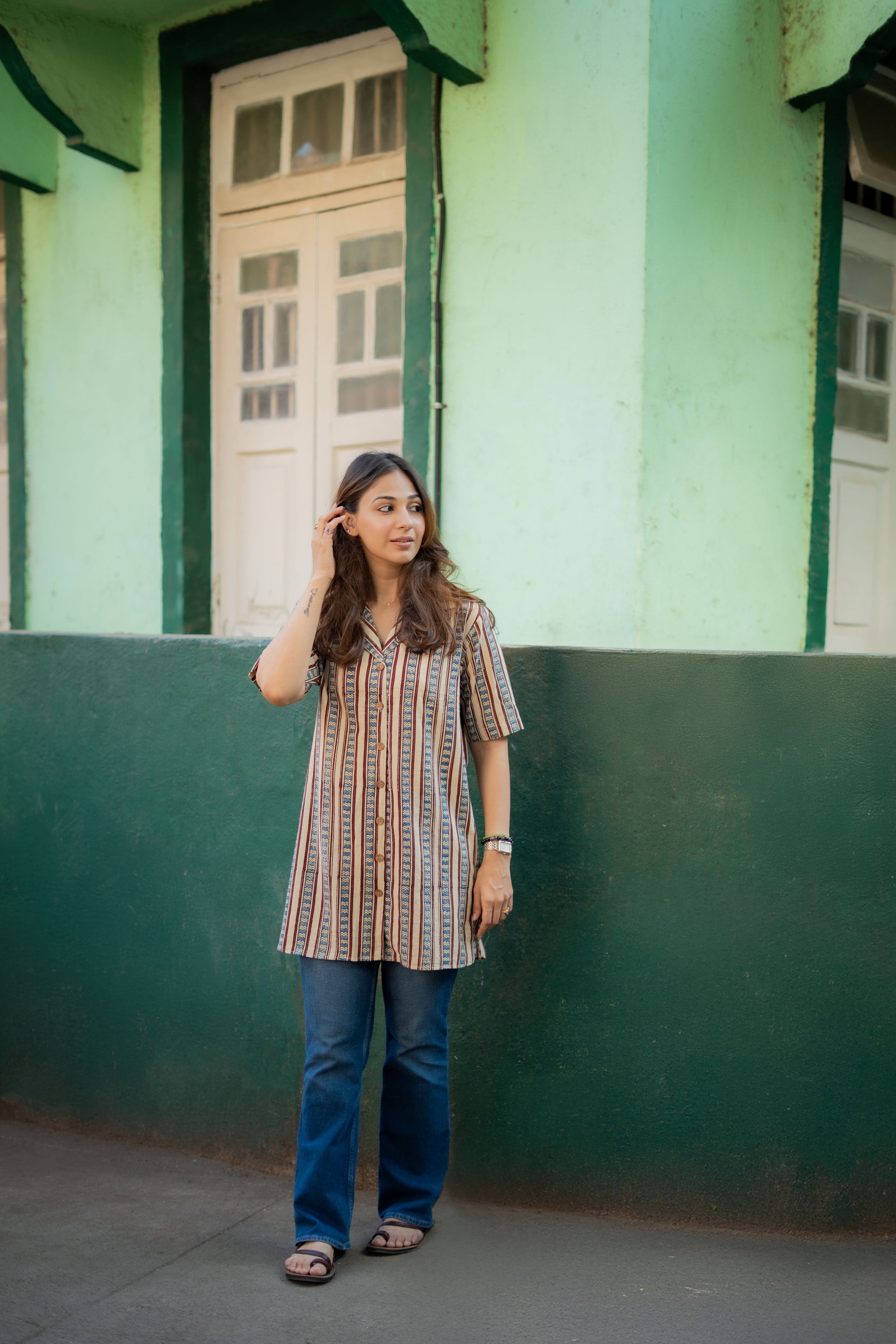 Ajrakh Indigo Cream Red Stripe Handblock Cotton Shirt Kurti