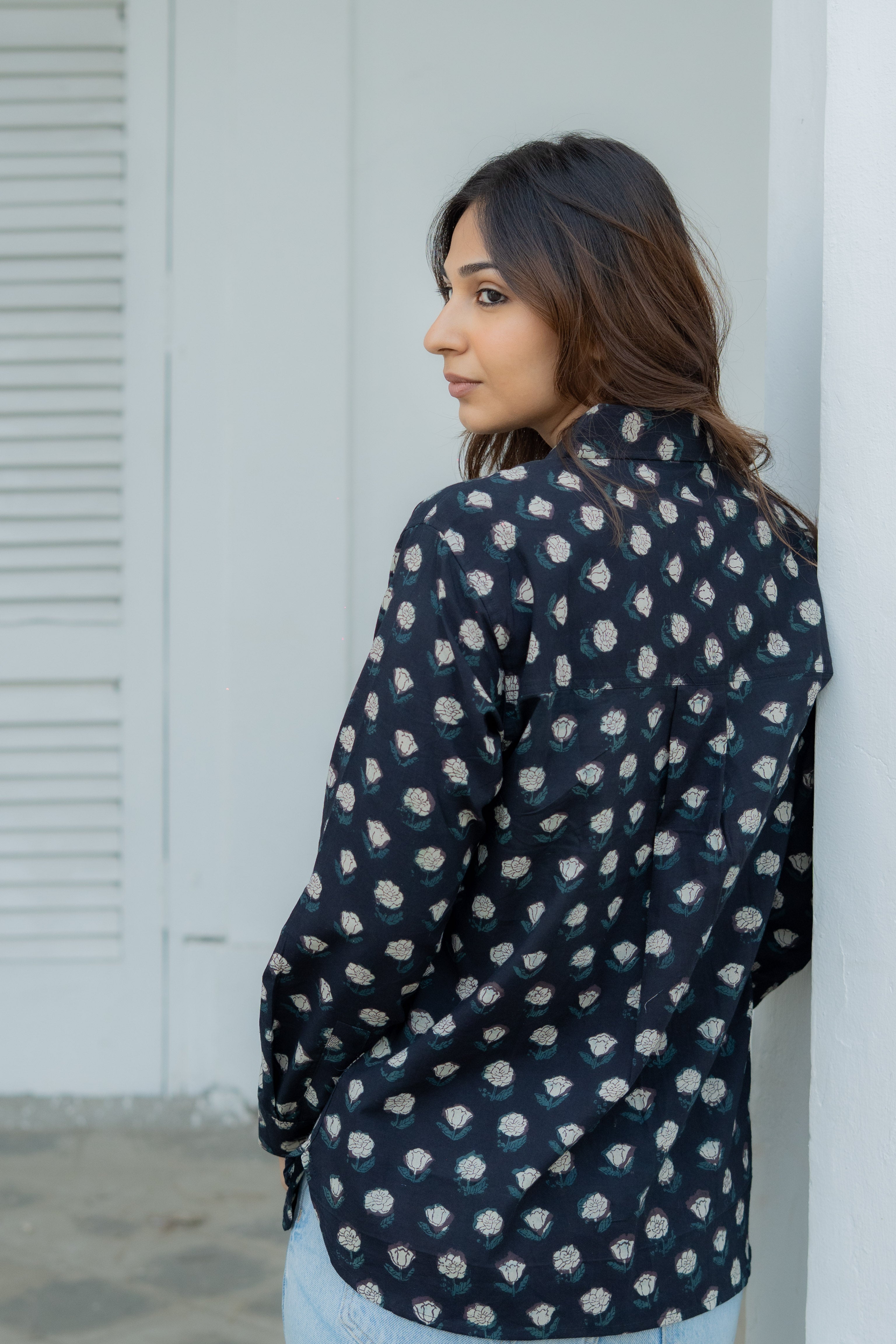 Black Bagru Floral Handblock Cotton Shirt