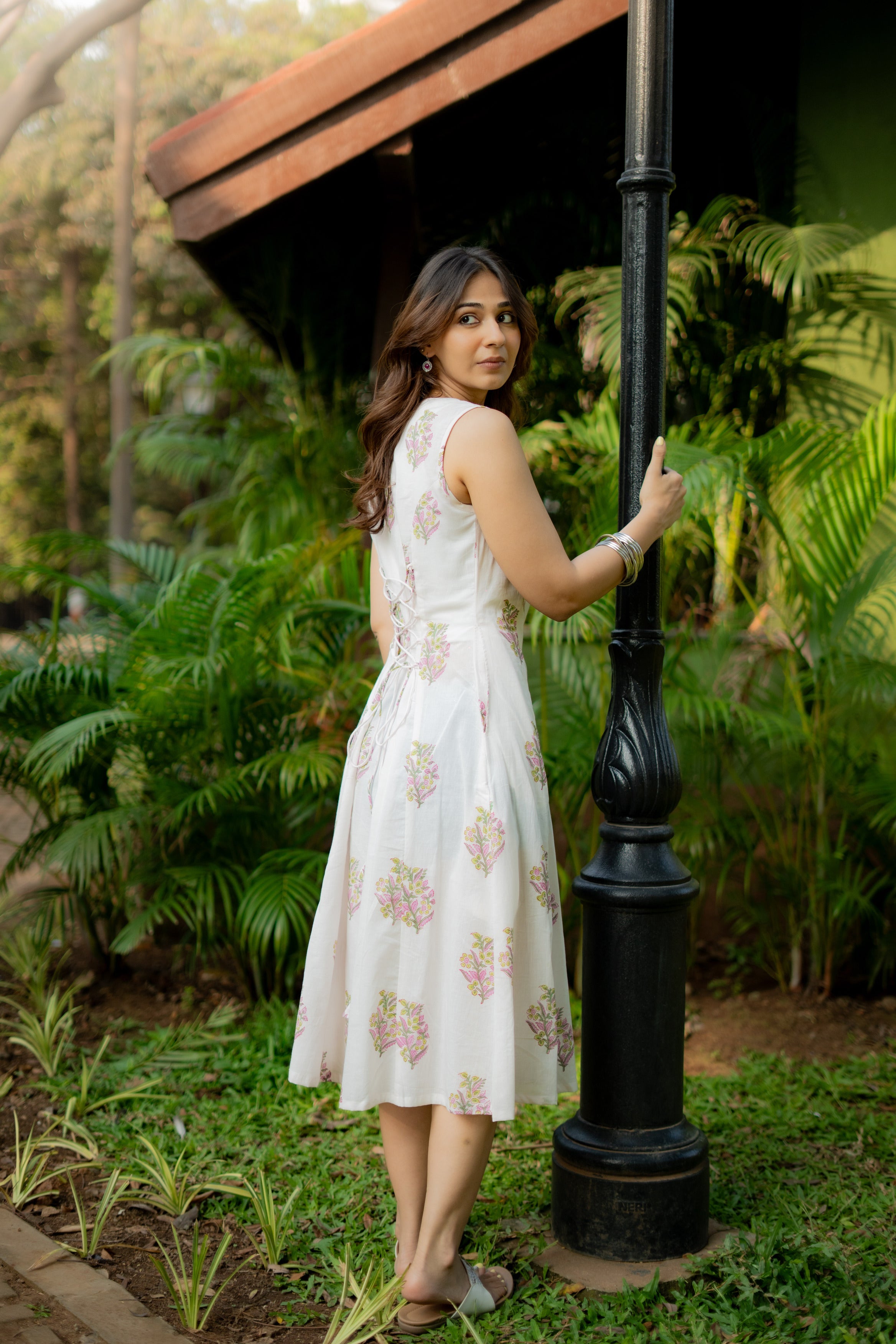 White Purple Floral Handblock Cotton Corset Dress