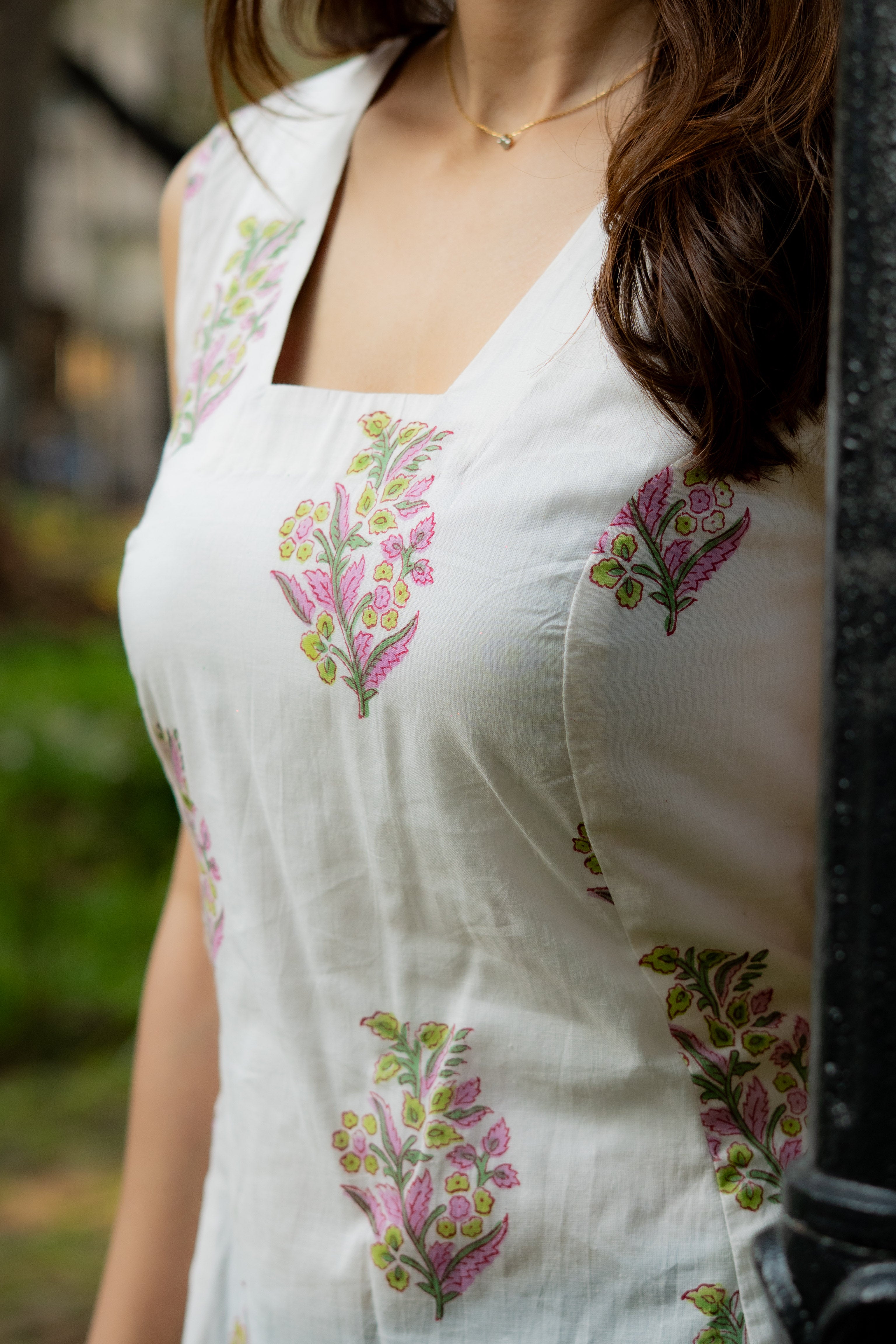 White Purple Floral Handblock Cotton Corset Dress