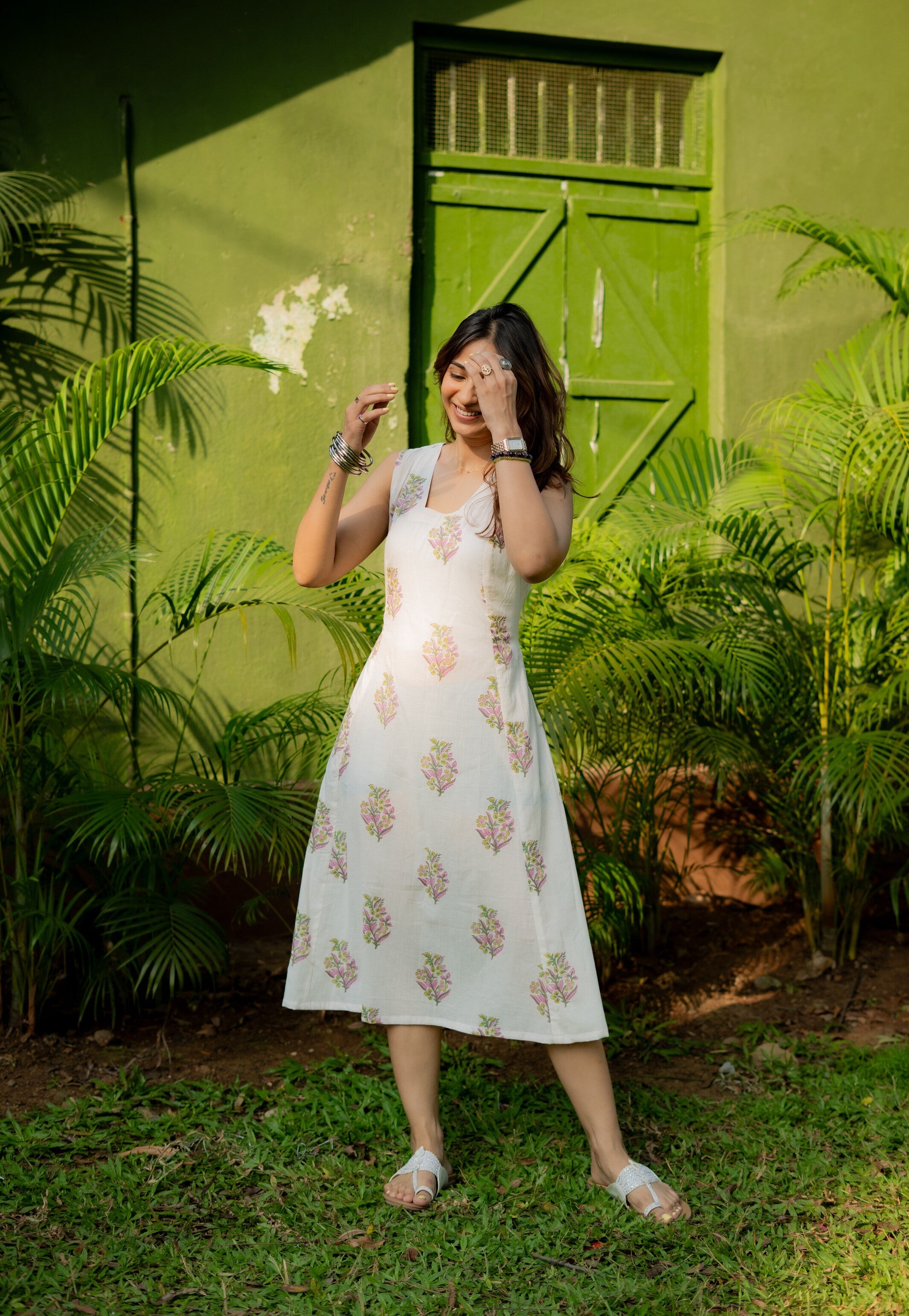 White Purple Floral Handblock Cotton Corset Dress