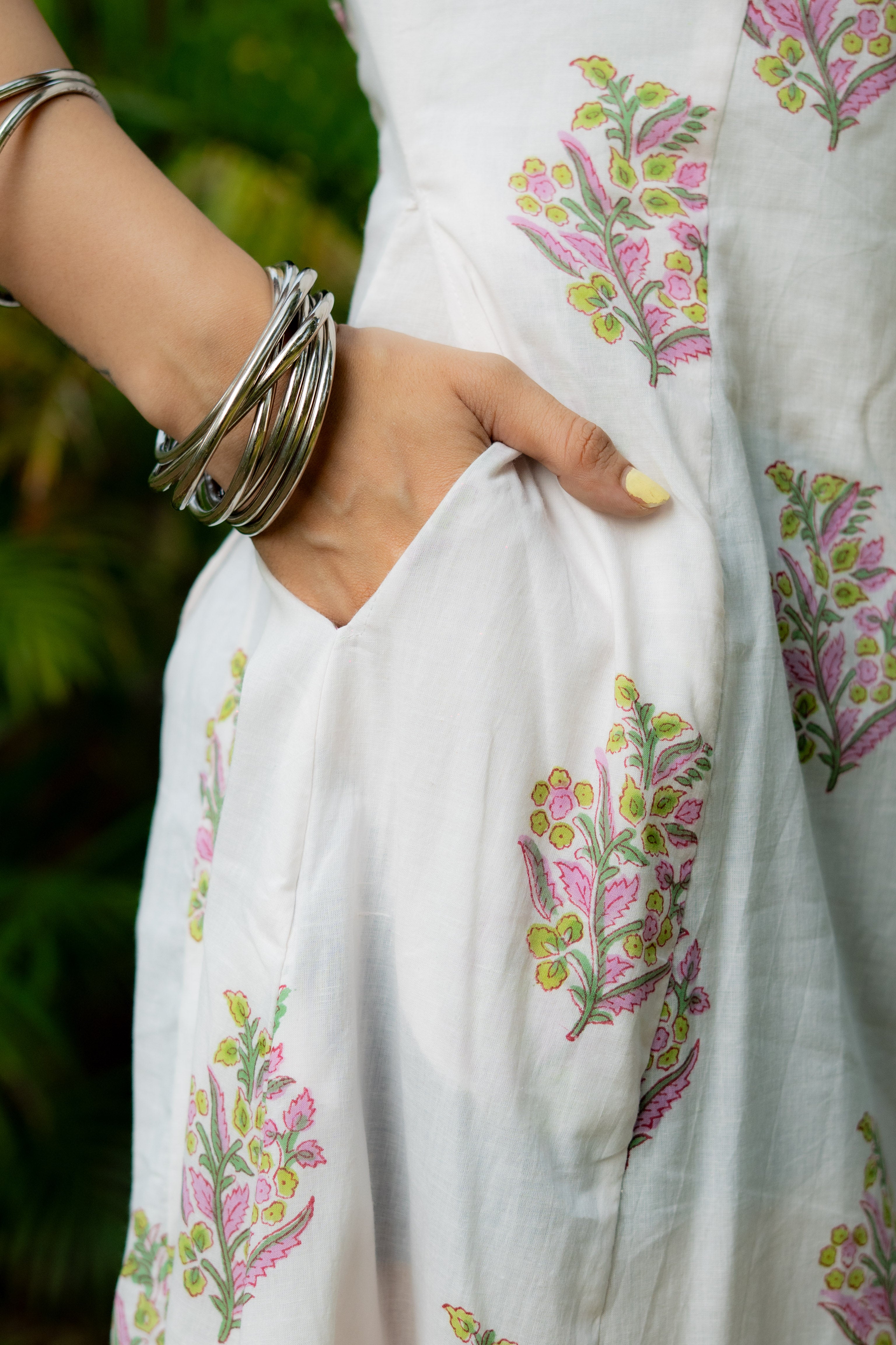 White Purple Floral Handblock Cotton Corset Dress