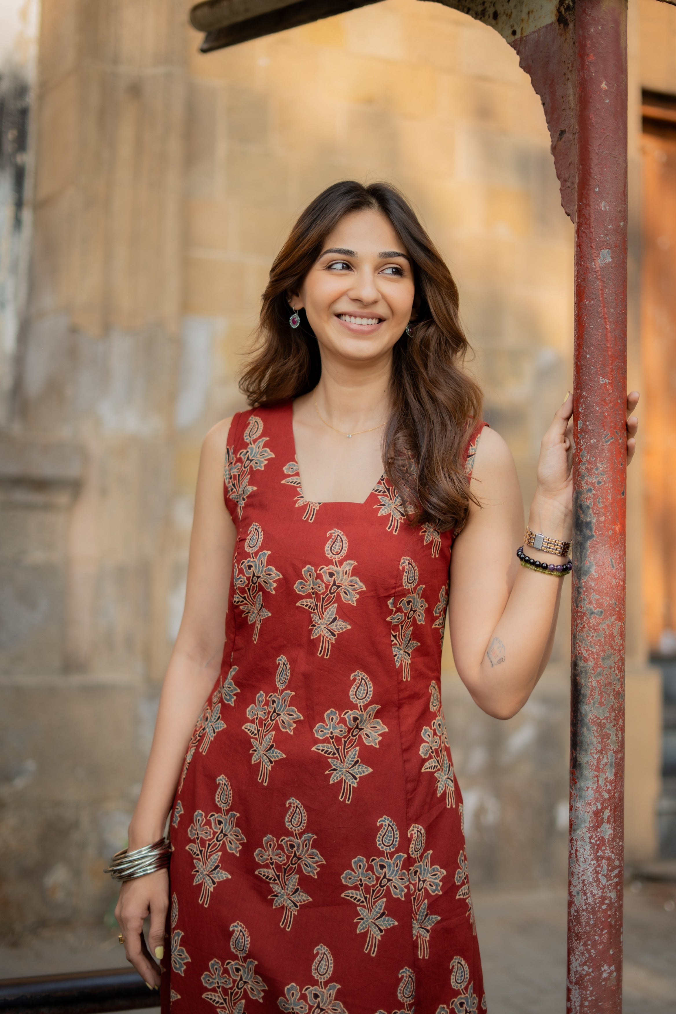 Red Ajrakh Floral Handblock Cotton Corset Dress