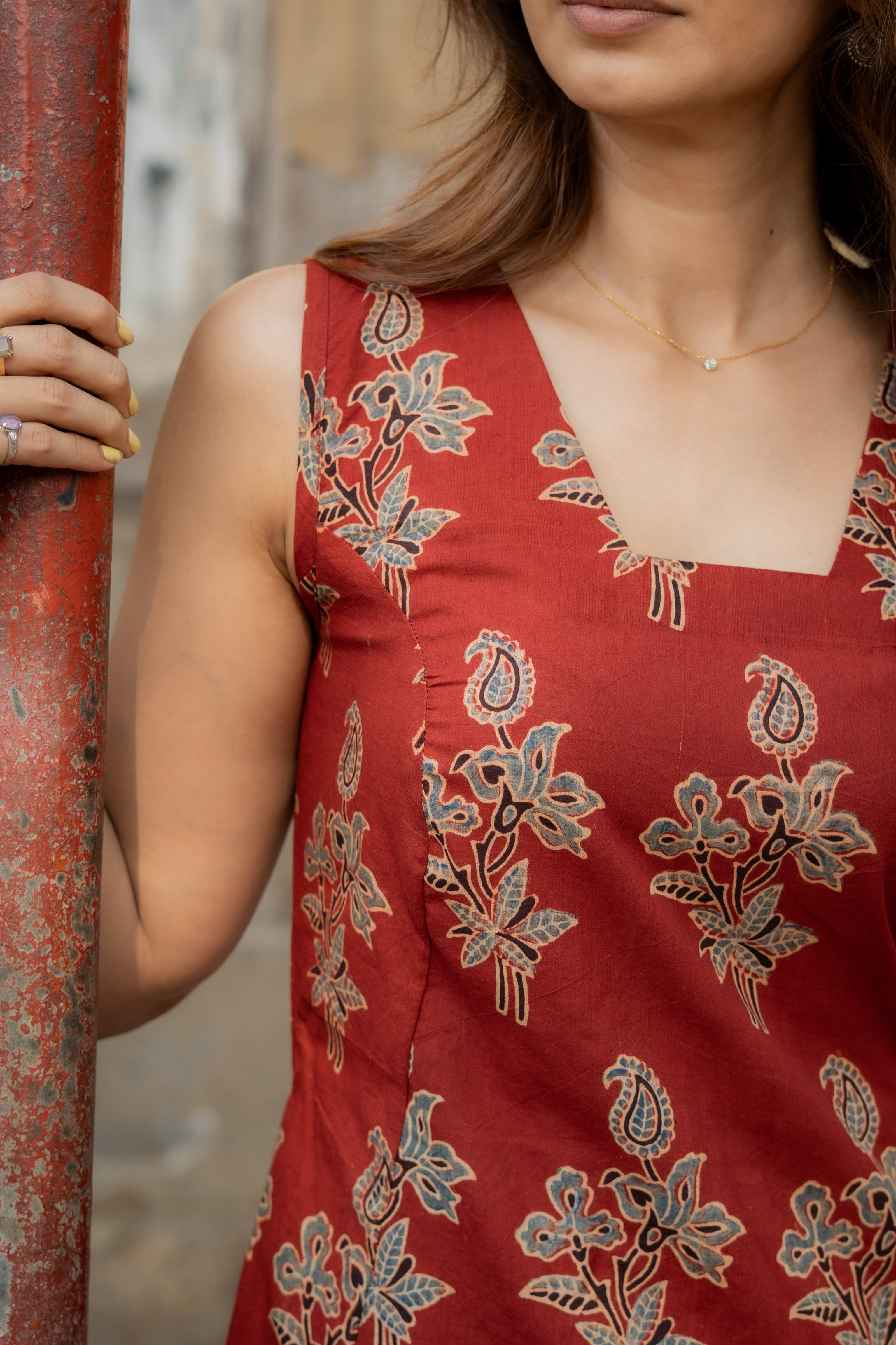 Red Ajrakh Floral Handblock Cotton Corset Dress