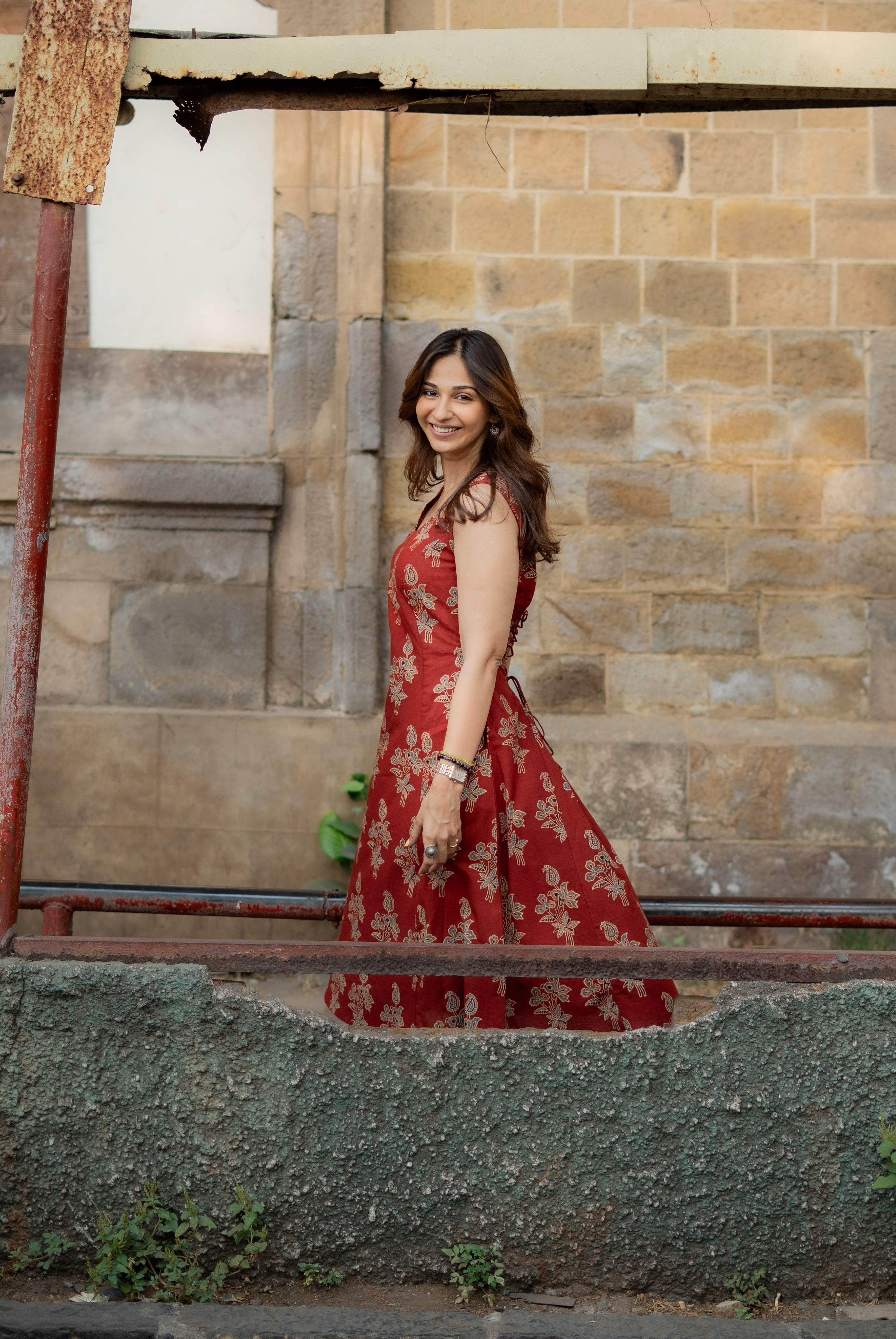 Red Ajrakh Floral Handblock Cotton Corset Dress