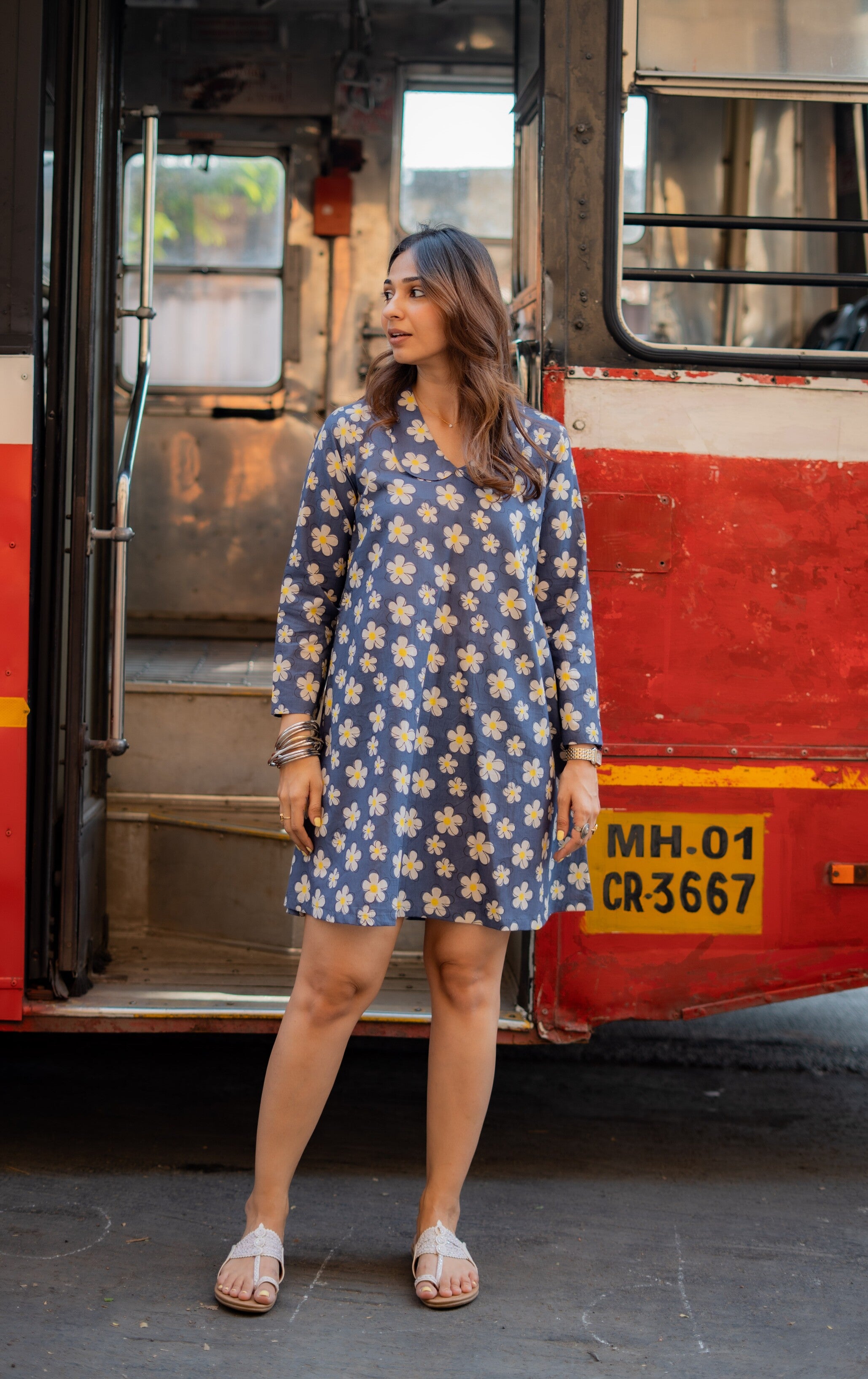 Navy Grey Floral Handblock Cotton A Line Dress