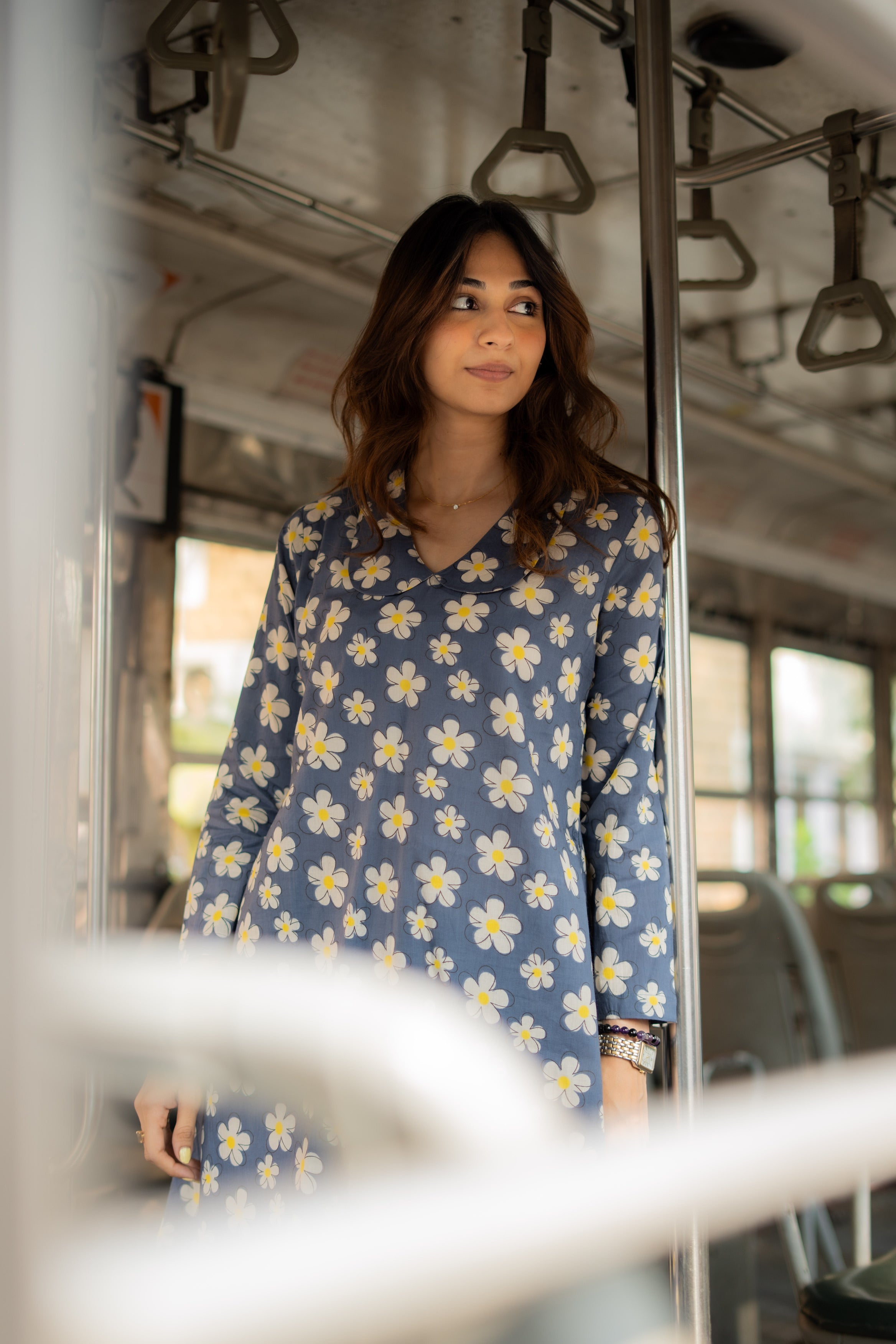 Navy Grey Floral Handblock Cotton A Line Dress