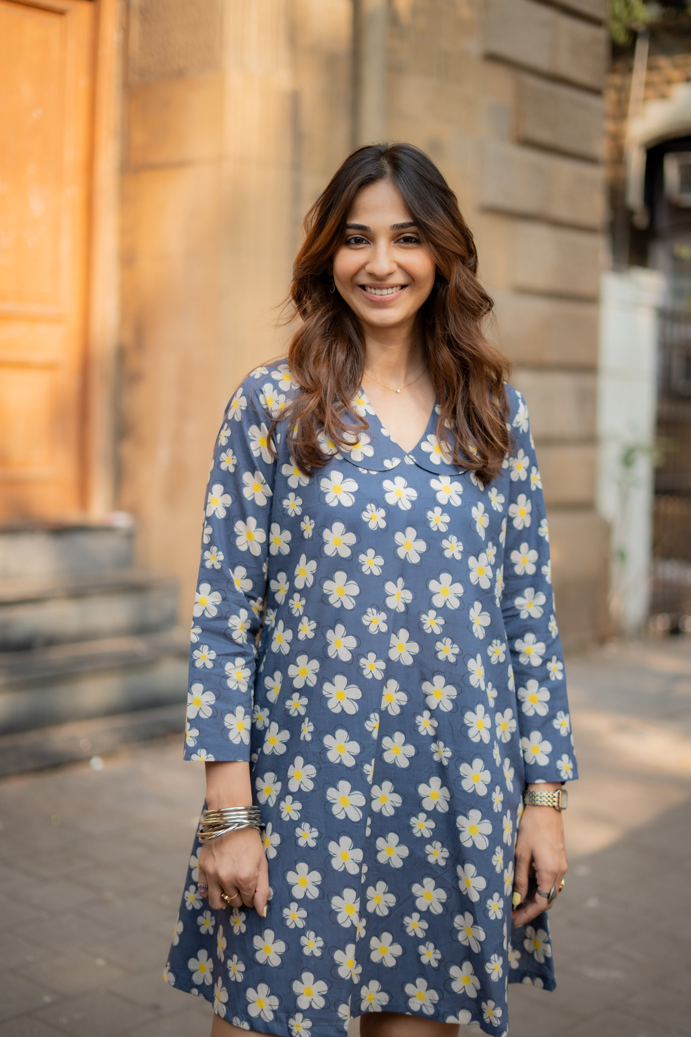 Navy Grey Floral Handblock Cotton A Line Dress