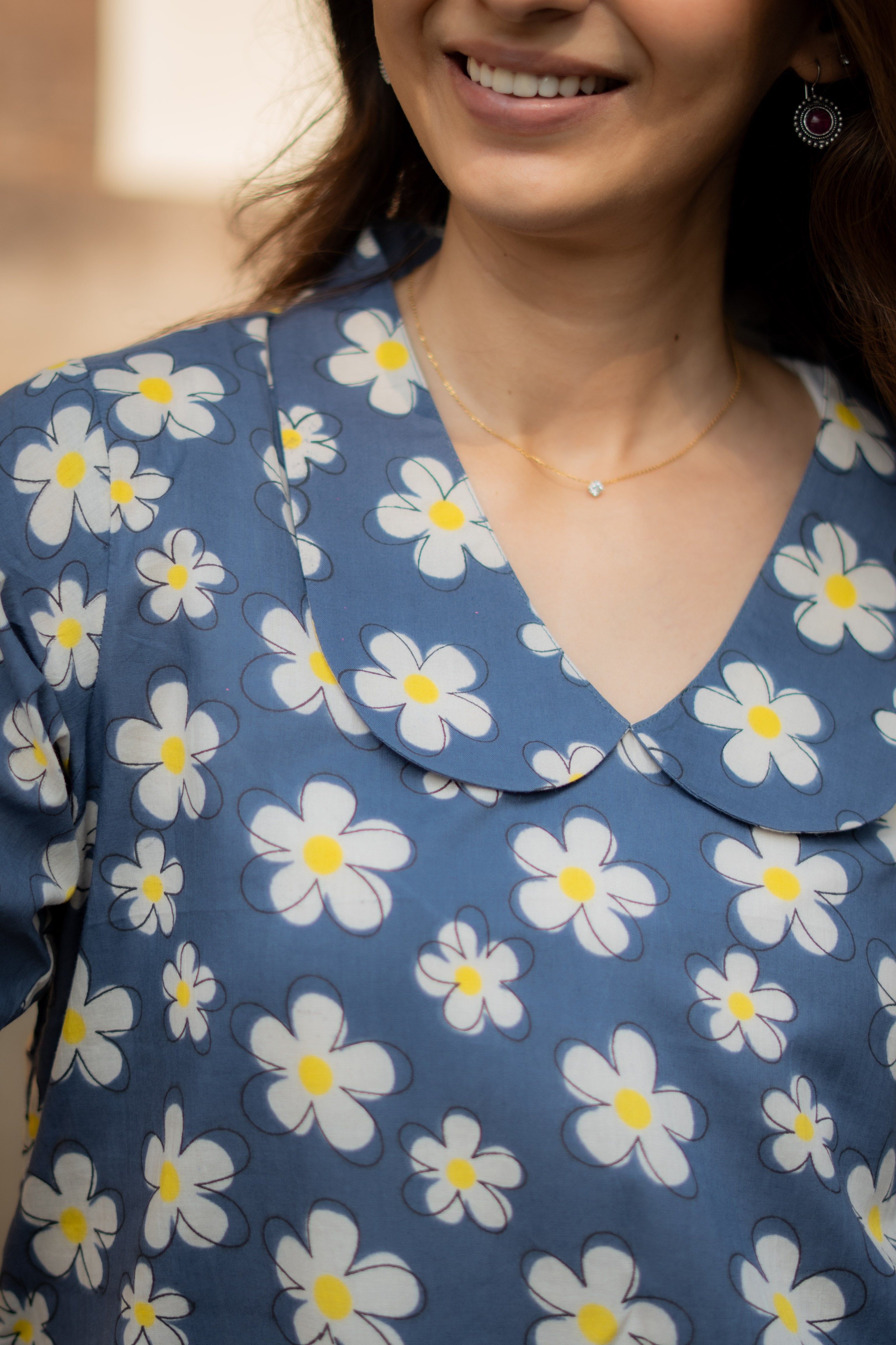 Navy Grey Floral Handblock Cotton A Line Dress