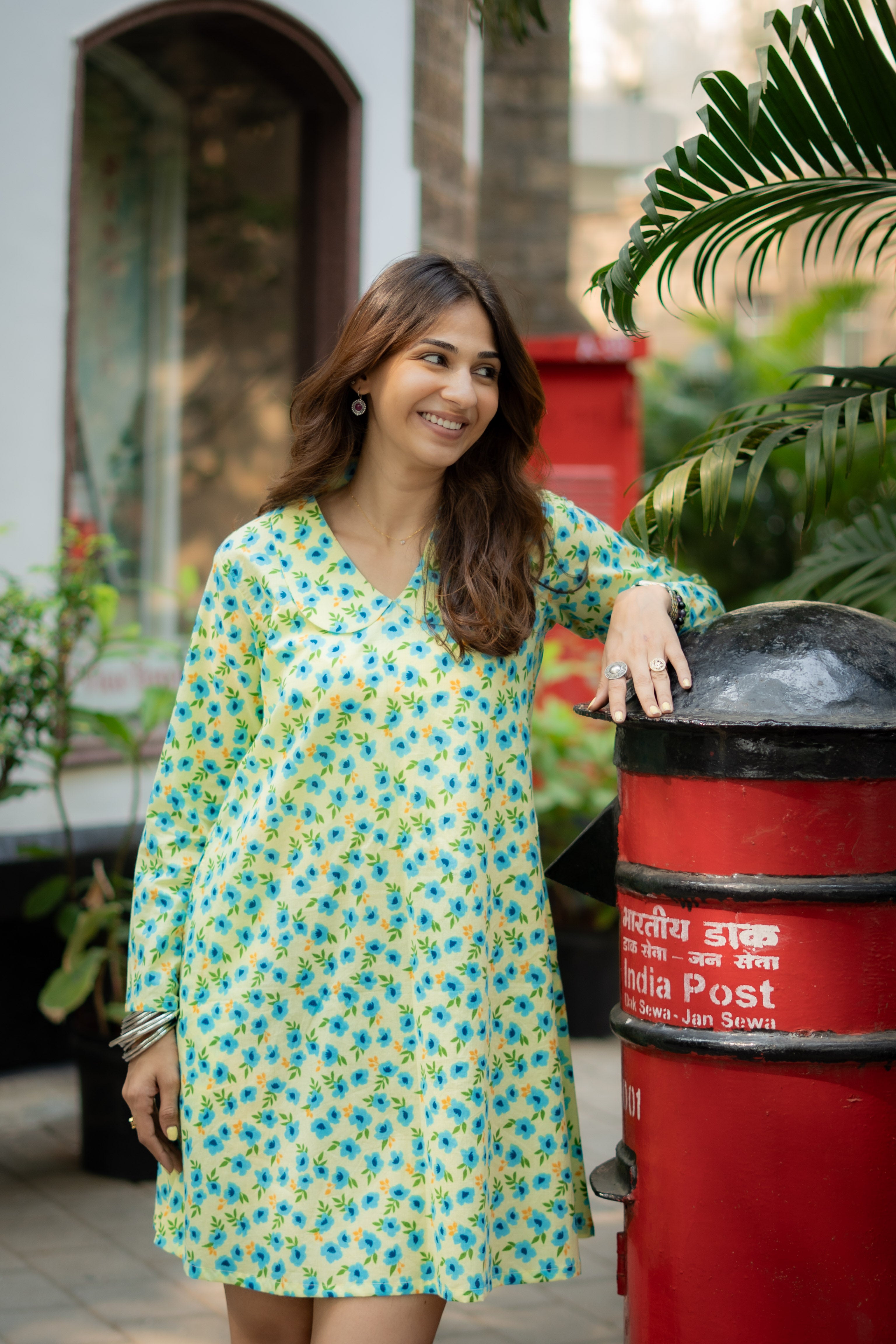 Parrot Green Floral Handblock Cotton A Line Dress