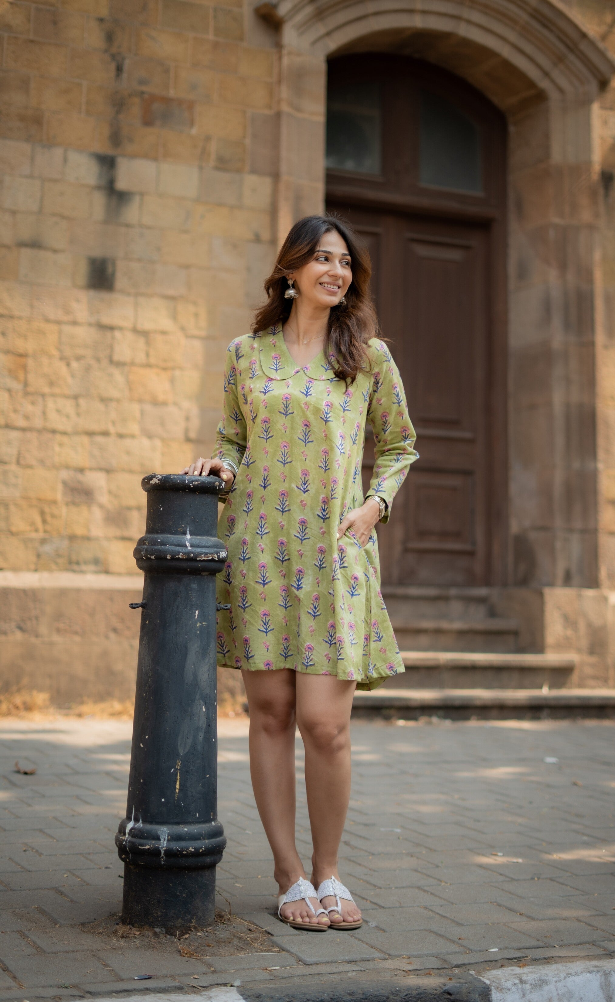 Green Summeri Floral Handblock Cotton A Line Dress