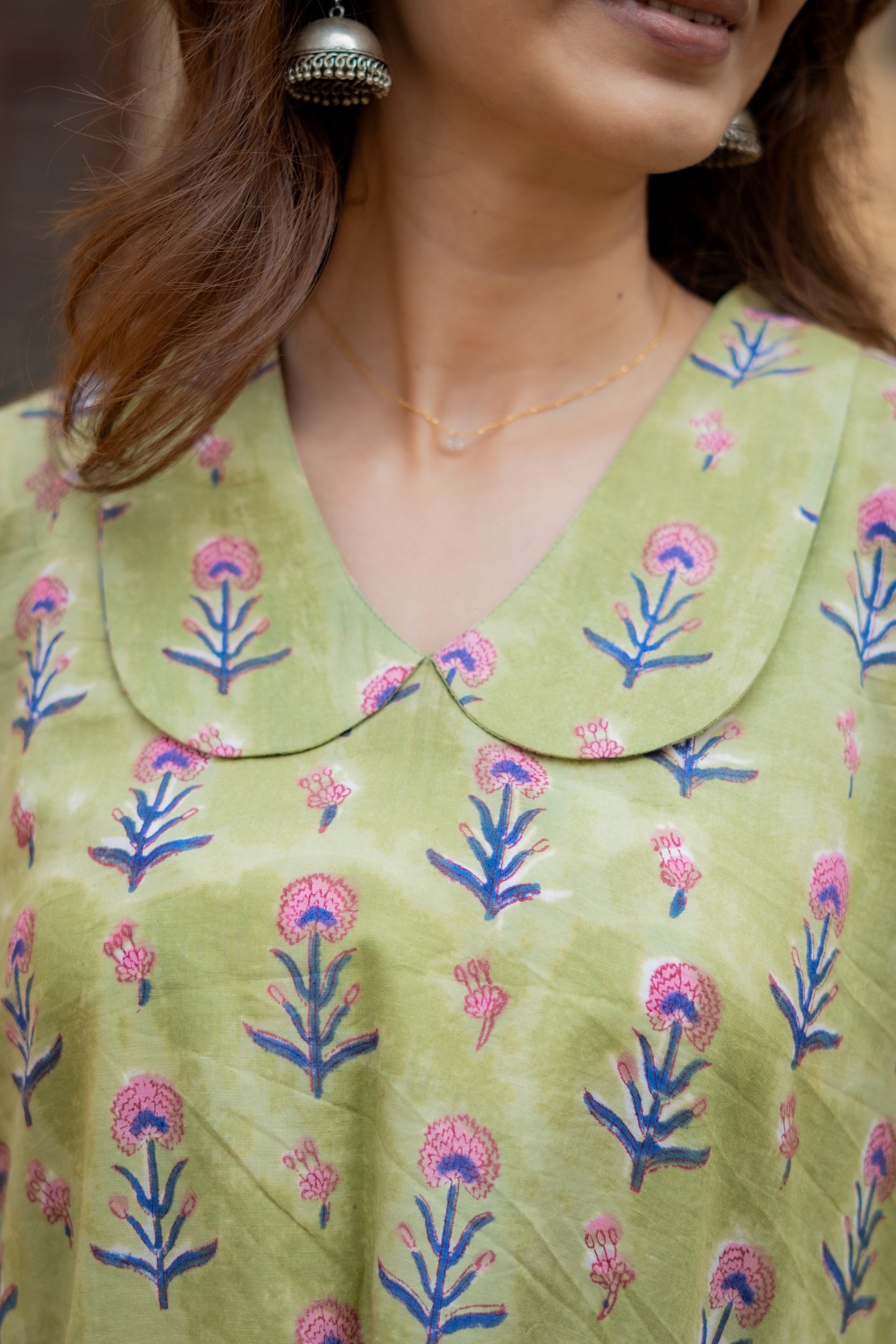 Green Summeri Floral Handblock Cotton A Line Dress